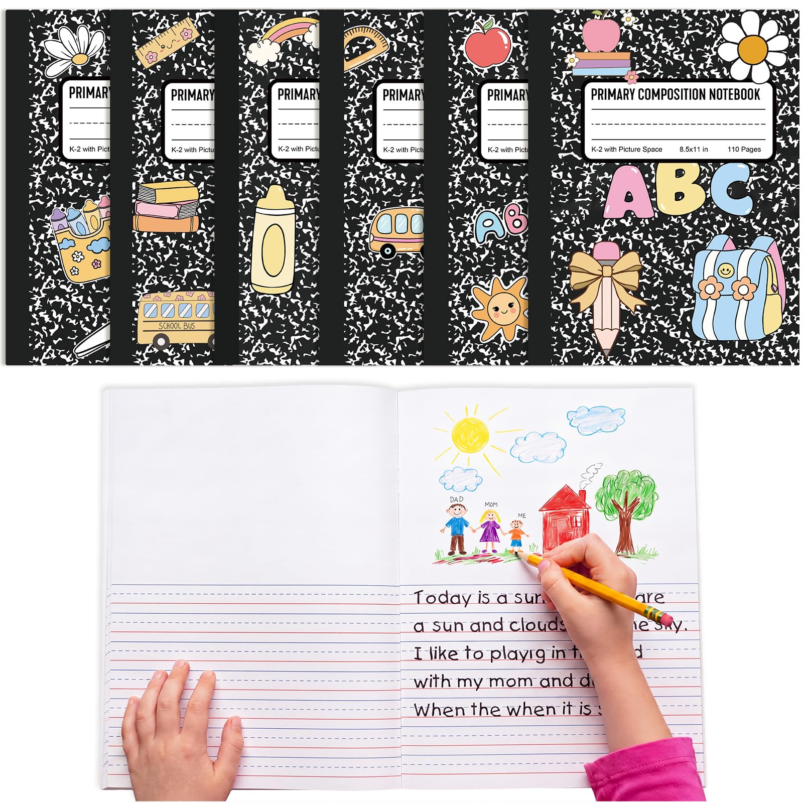 Gueevin Lot de 6 carnets de composition primaire en marbre noir avec espace photo en vrac pour les classes K-2 110 pages 21,6 x 27,9 cm Demi-journal primaire K-2 histoire de dessin pour la rentrée