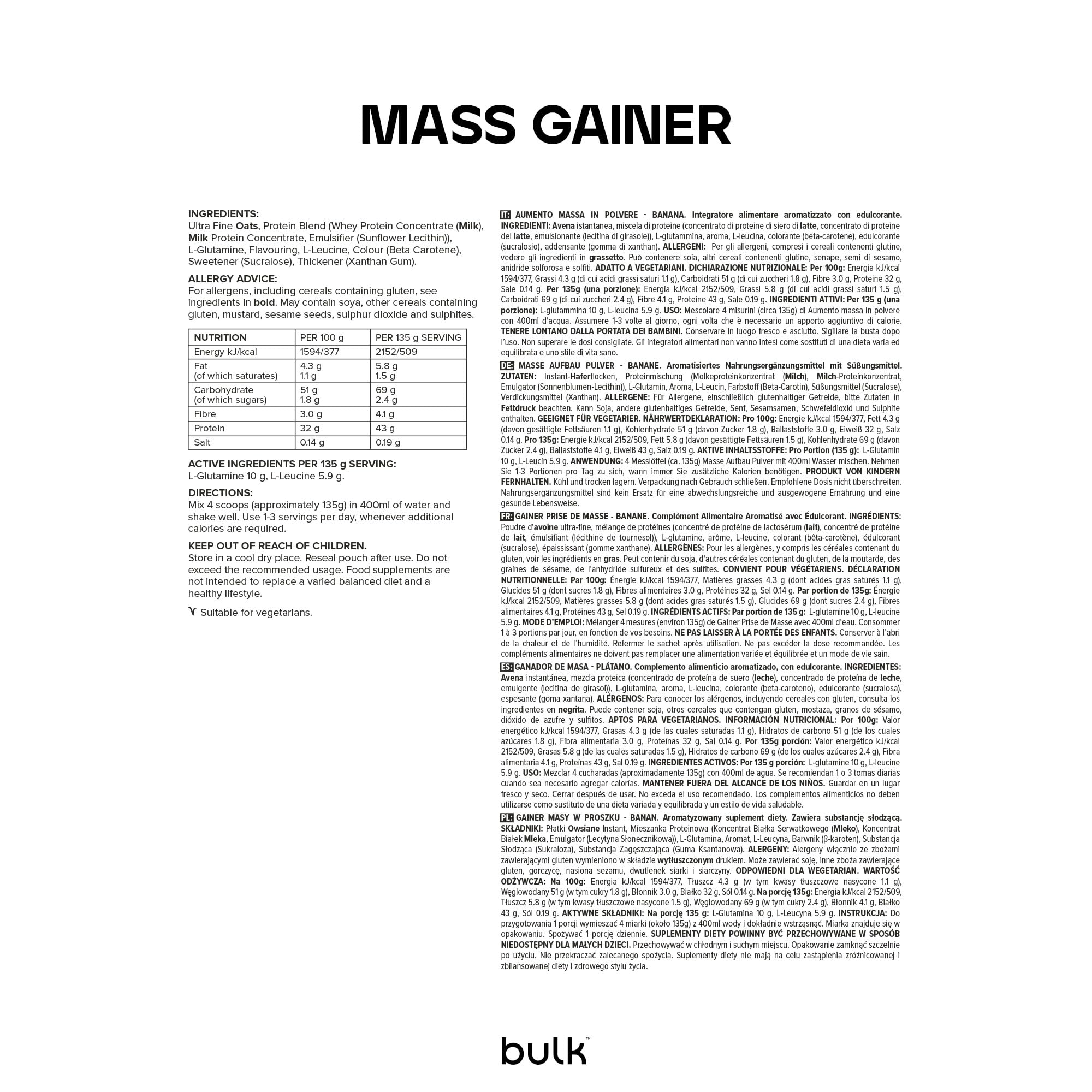 Bulk Complete Mass Gainer, Banana, 2.5kg | 45g de proteína y 5g de BCAA por ración, Batido hipercalórico para aumentar la masa muscular, Fácil de mezclar