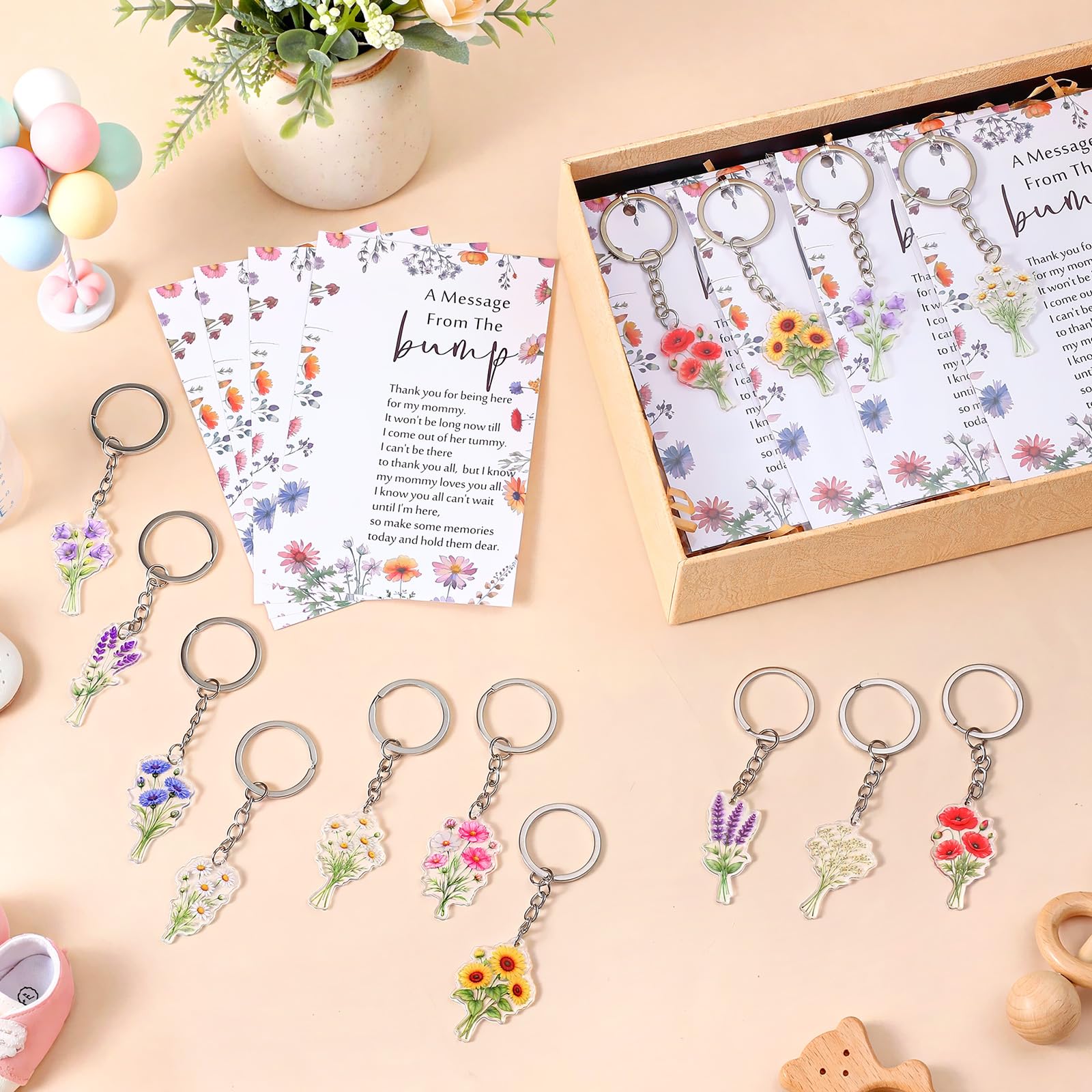 Landical 25 juegos de recuerdos de fiesta de baby shower para invitados, 25 llaveros acrílicos, 25 tarjetas de agradecimiento para fiesta de revelación de género del bebé (colorido, flor silvestre)