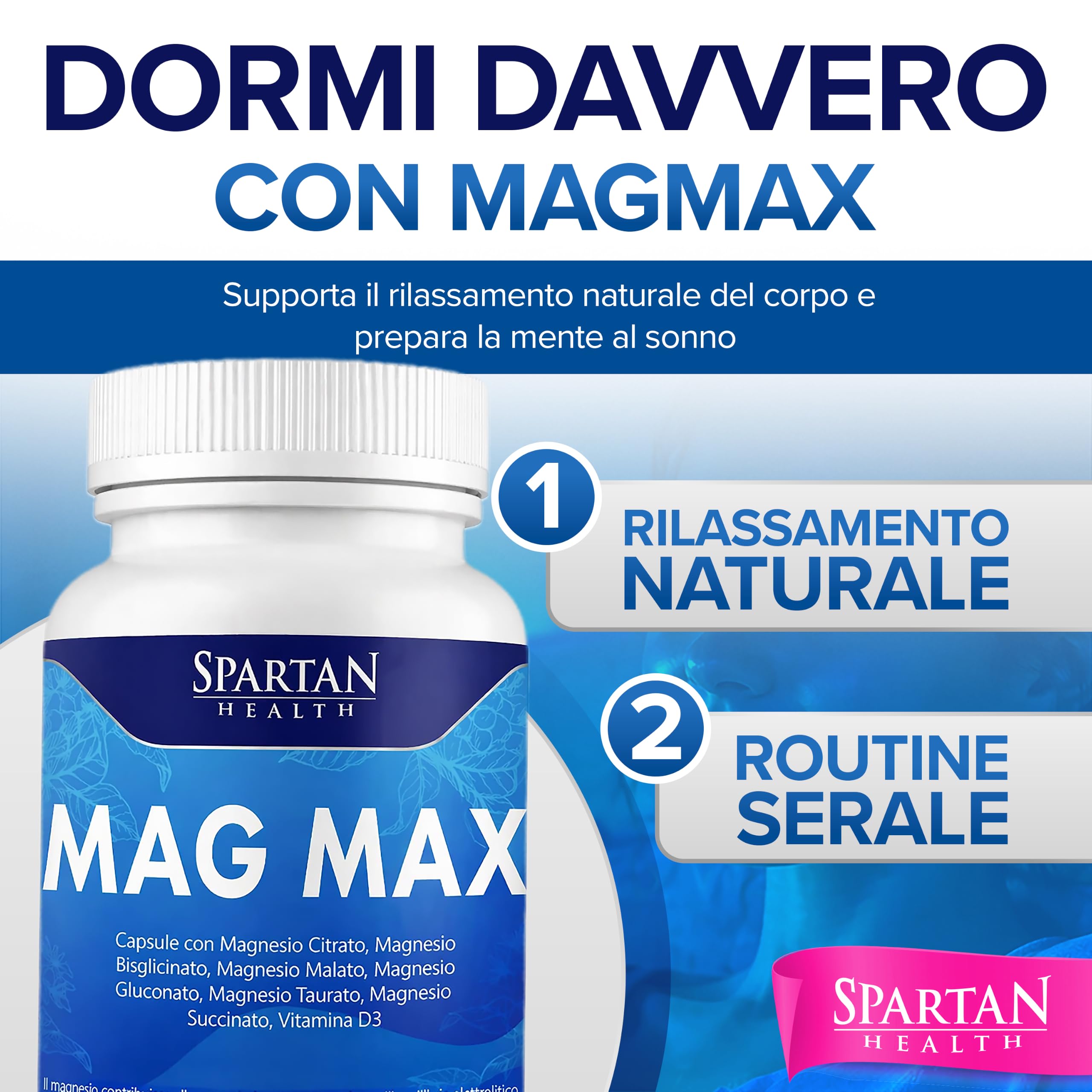 Spartan Health – MagMax – Complesso di Magnesio 6-in-1 con Vitamina D – Magnesio per Dormire, Crampi e Stanchezza Fisica e Mentale – Integratore Magnesio Bisglicinato e Citrato – 120 Capsule