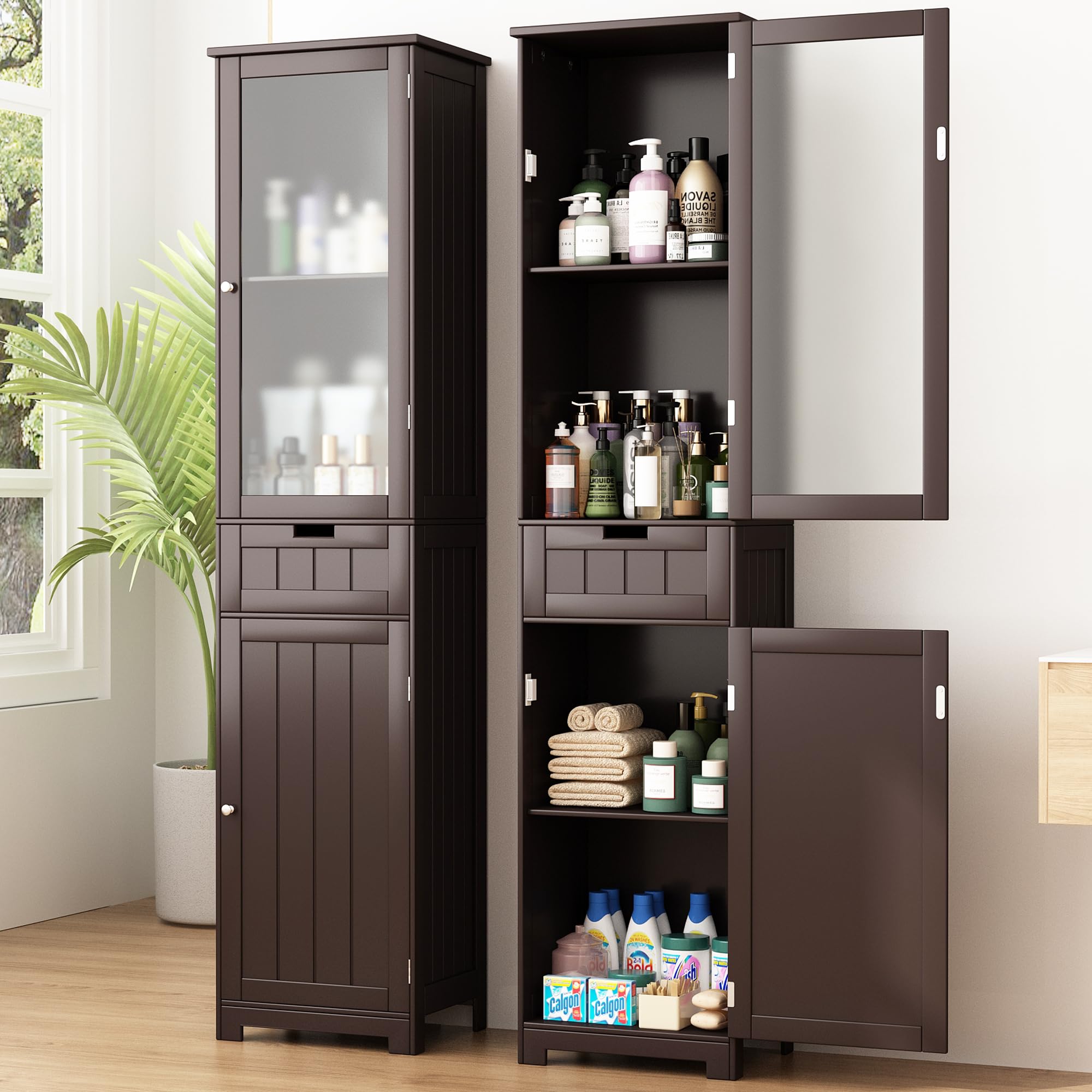 67Inch Bathroom Cabinet, Tall Bathroom Storage Cabinet with Drawer and Adjustable Shelf, Floor Freestanding Cabinet for Bathroom, Kitchen, Living Room, Brown