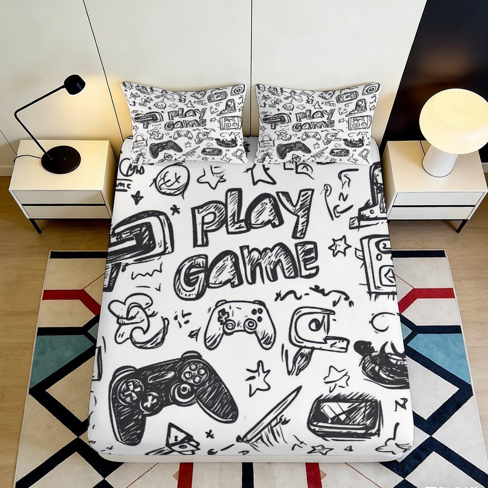 3D Printed Cartoon Gamepad Fitted Sheet Microfiber Black White Graffiti Mattress Cover for Bedroom Dorm Decor 90x200x25cm