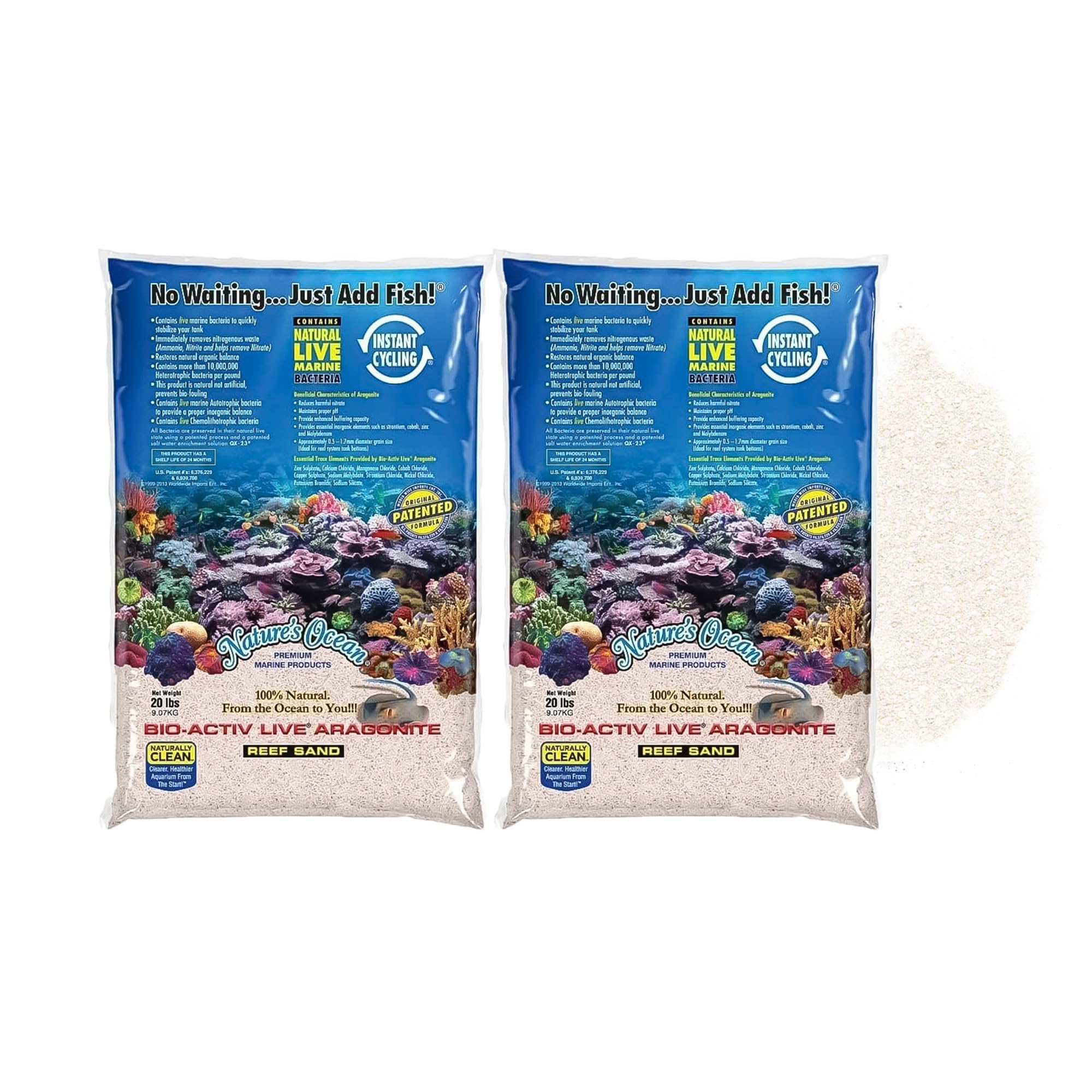Bio-Activ Live Aragonite White Reef Sand - 20 lbs - Natural Substrate, Supports Water Balance, Ideal for Marine Tanks - Pack of 2