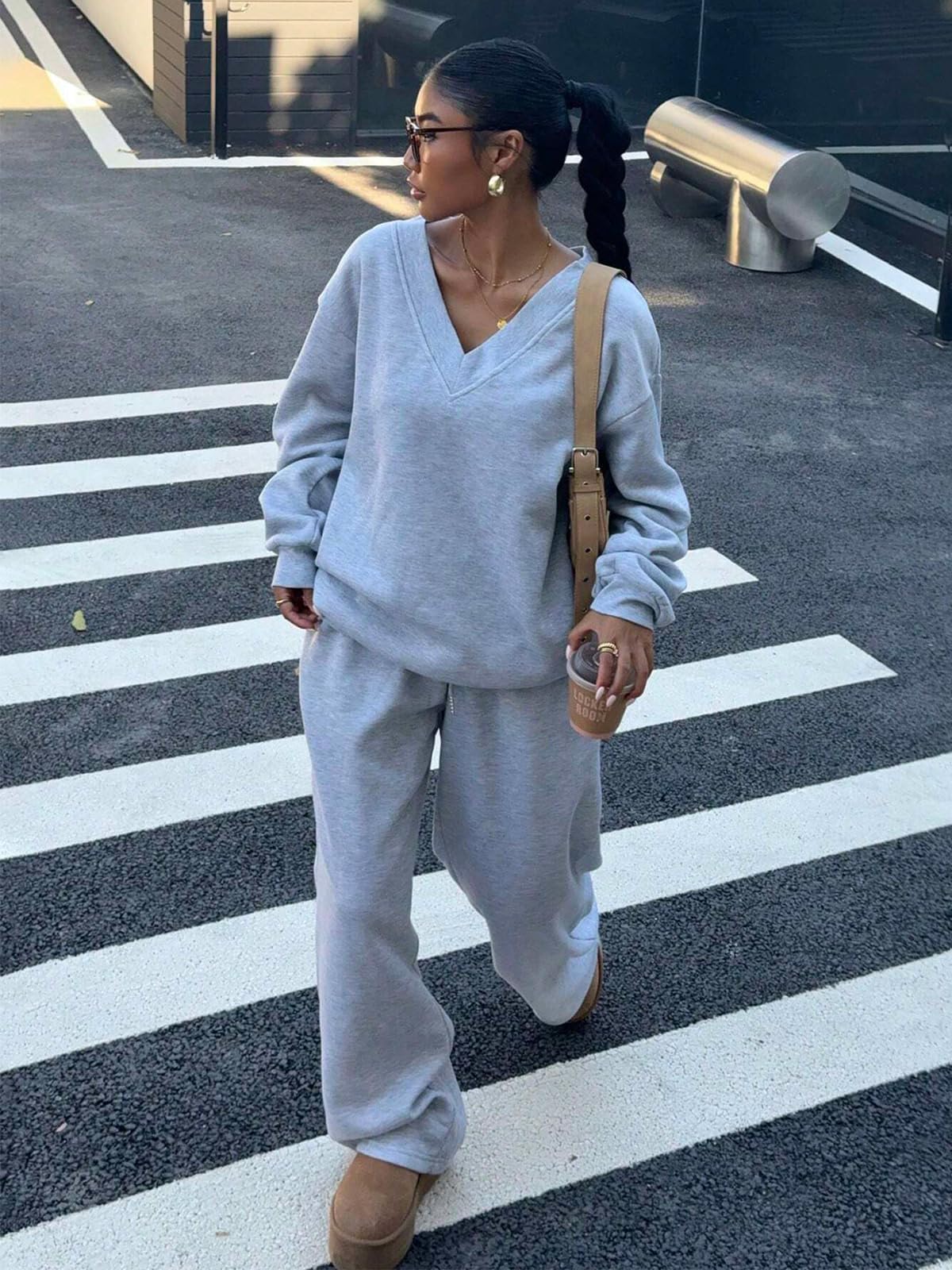 Conjunto de 2 piezas para mujer, sudadera de manga larga, pantalones de pierna ancha con bolsillos, chándal y ropa de descanso