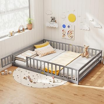 KOMFOTT Queen Size Wood Floor Bed with Door & Fence, Grey