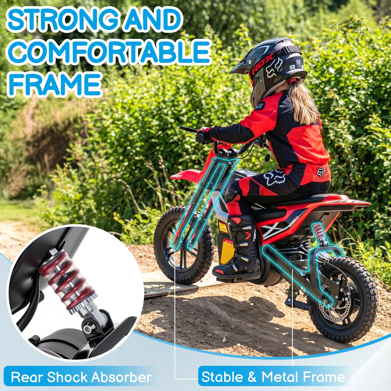 LALAHO Vélo tout-terrain électrique 24 V pour enfants, rouge | Moto électrique avec moteur 250 W, jusqu'à 14 km/h, moteur à chaîne, Bluetooth, accélérateur Thwist-Grip et frein arrière