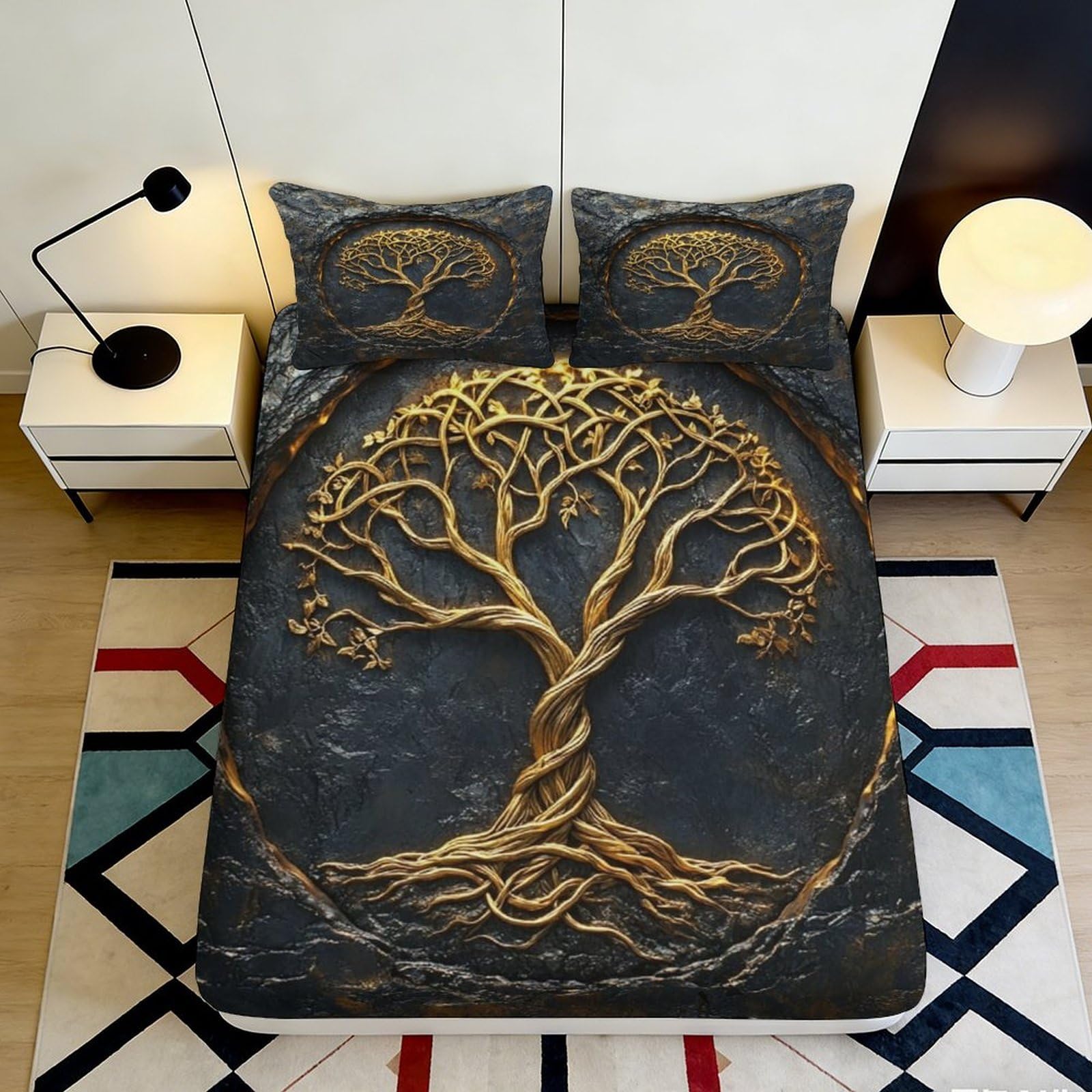 3D Printed Golden Tree of Life Fitted Sheet Microfiber Soft Anti-Slip Ancient Forest Bed Cover for Bedroom Decor 90x200x25cm