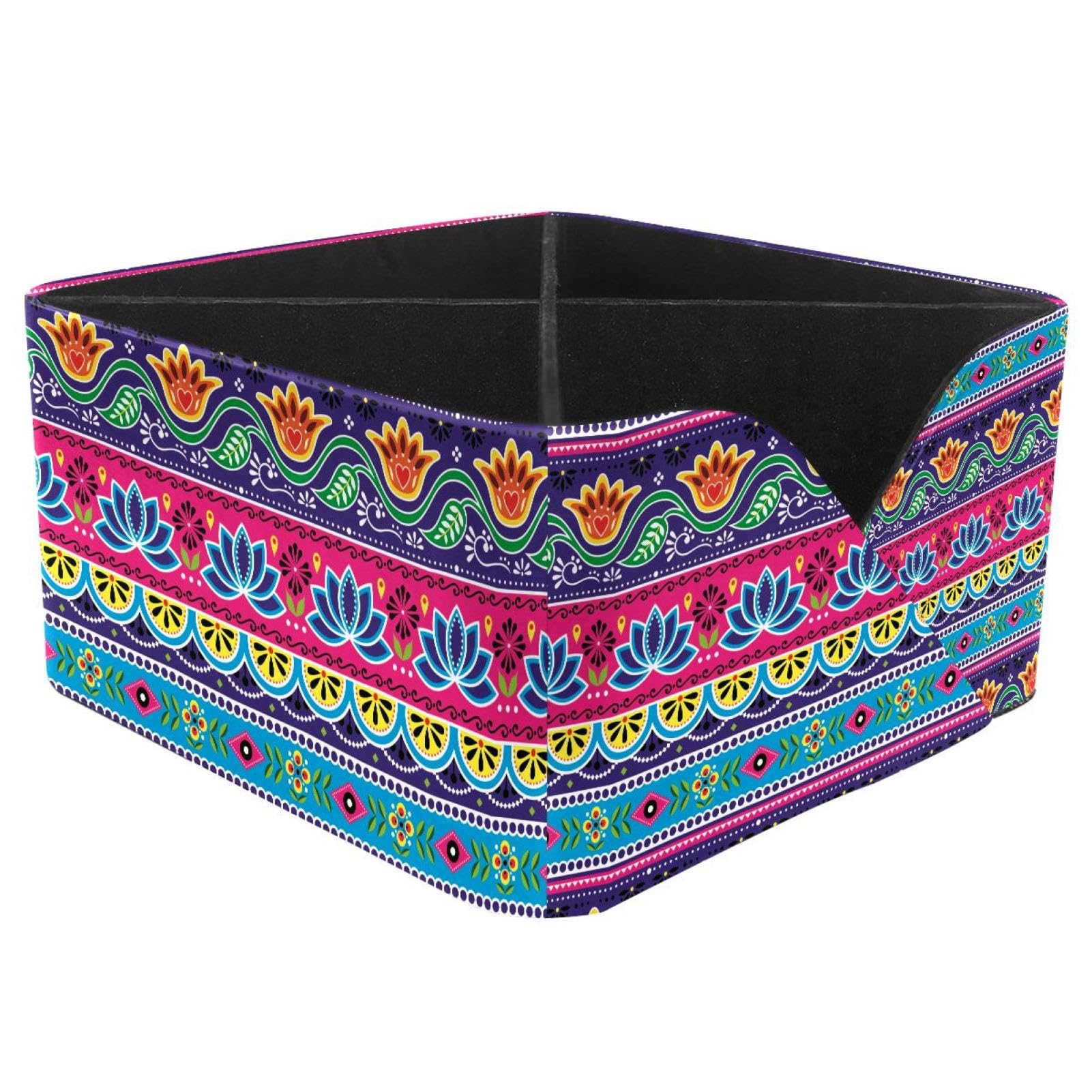 KengjuTesu Indian Floral Lotus Flower Leaves Pattern Desktop Organizer Pen Holder, Rectangular Pencil Cup for Office, Study and Makeup Stations
