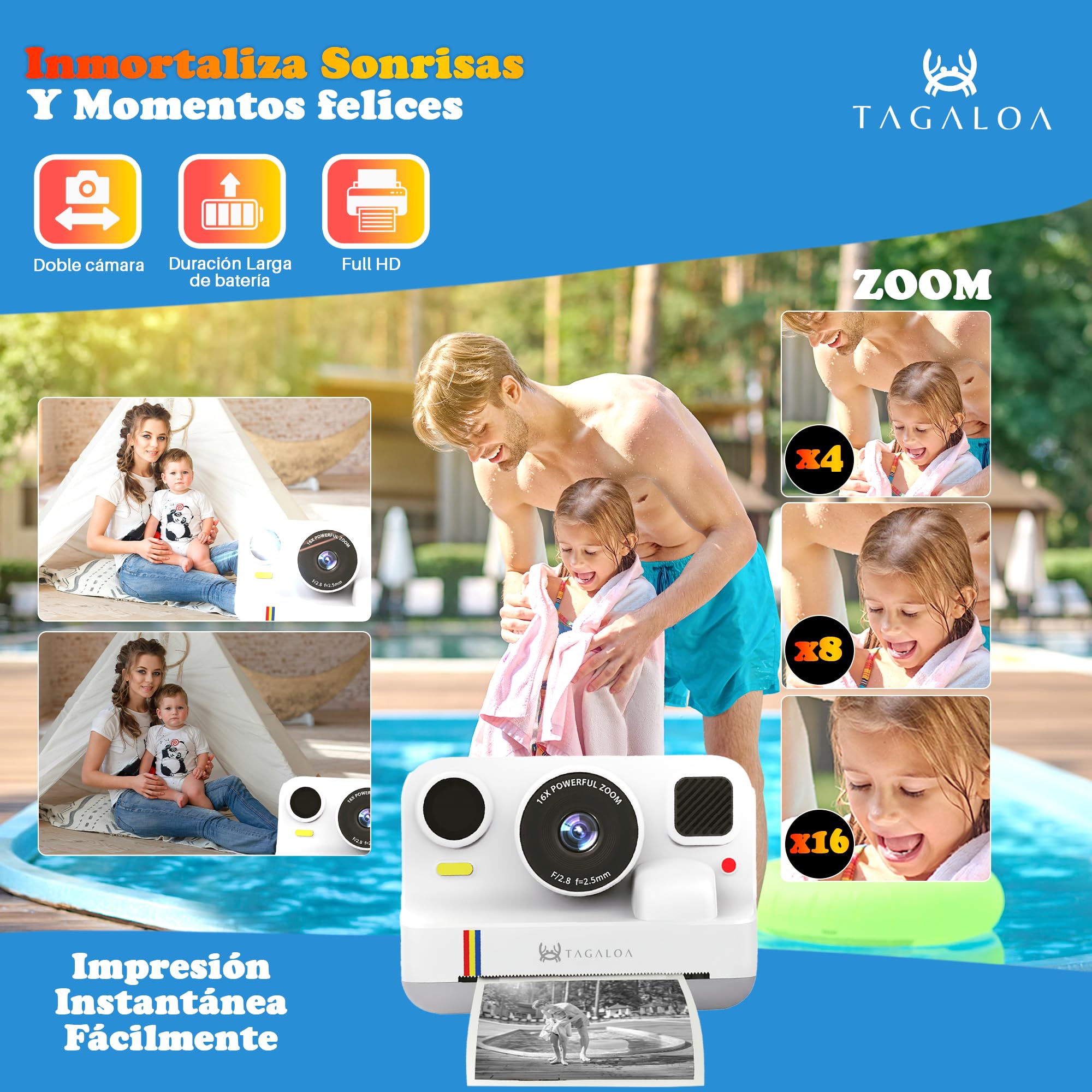 | TAGALOA® | Camara Fotos Infantil Instantaneas | 48MP con Impresión Térmica, Pantalla 2,4", Vídeo 1080P, Tarjeta SD 32GB y 3 Rollos Papel – Cámara Digital para Niños y Niñas de 3 a 12 Años (Blanco)