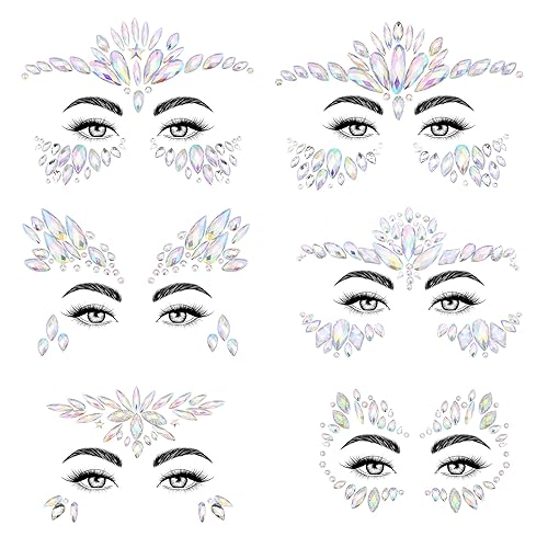 SAOROPEB Gemas faciales  6 juegos de joyas de cara de sirena, calcomanías temporales de tatuaje, calcomanías de acrílico con purpurina de cristal