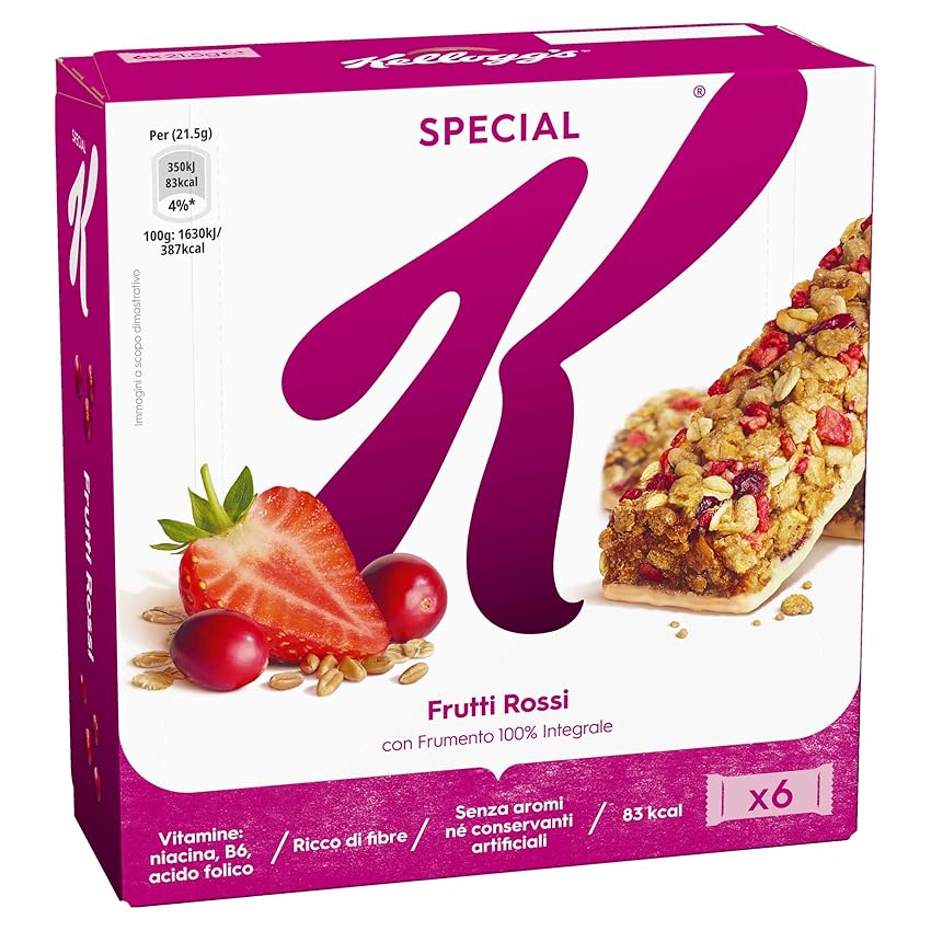 Kellogg's Special K Barretta | Gusto Frutti Rossi | Croccanti Fiocchi Multicereali con Pezzi di Mirtilli Rossi e Mela | Frumento 100% Integrale | 6 barrette da 21.5g (Confezione da 129g)