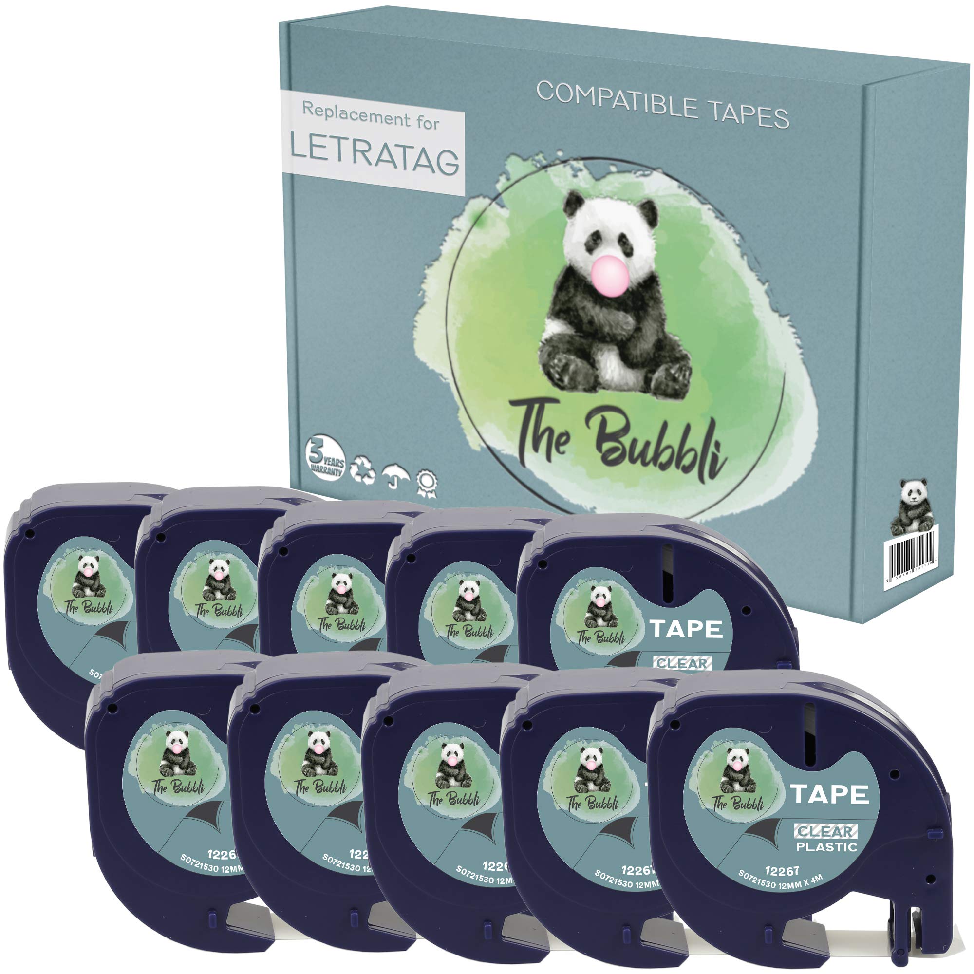The Bubbli Original | 12267 S0721530 S0721550 Black on Clear Compatible Plastic Label Tapes for DYMO LetraTag LT-100H LT-100T LT-110T QX50 XR XM 2000 Plus (12mm x 4m | 10-Pack) — image 1