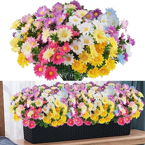 12 paquetes de flores artificiales falsas para decoración al aire libre tela de plástico sintético resistente a los rayos UV arbustos plantas flores