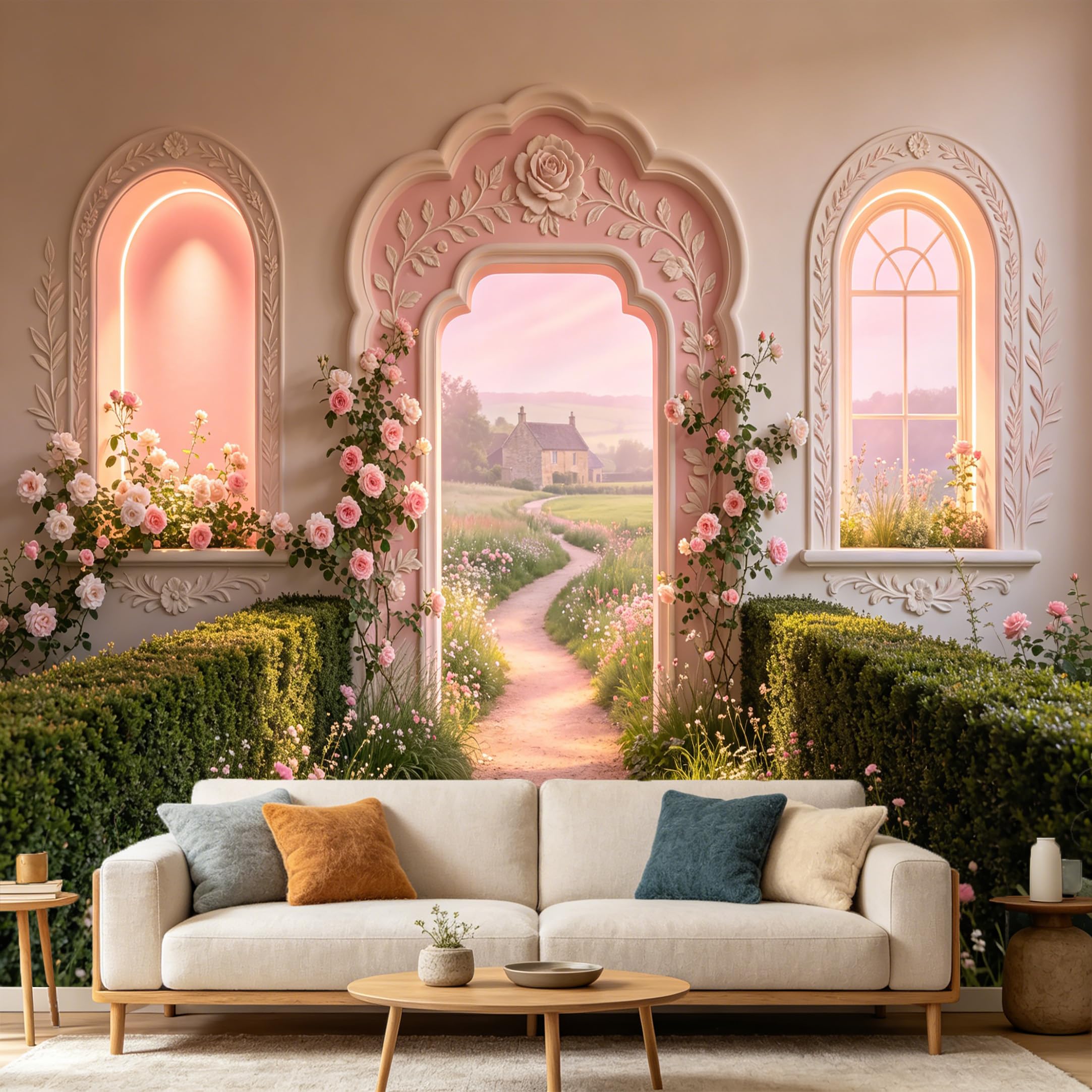 Custom Size Wall Mural， 3D Archway Pink Rose Garden Landscape， Countryside Path View， SelfAdhesive Art Prints wall Fabric Removable Large Wallpaper Home Living Room Decor