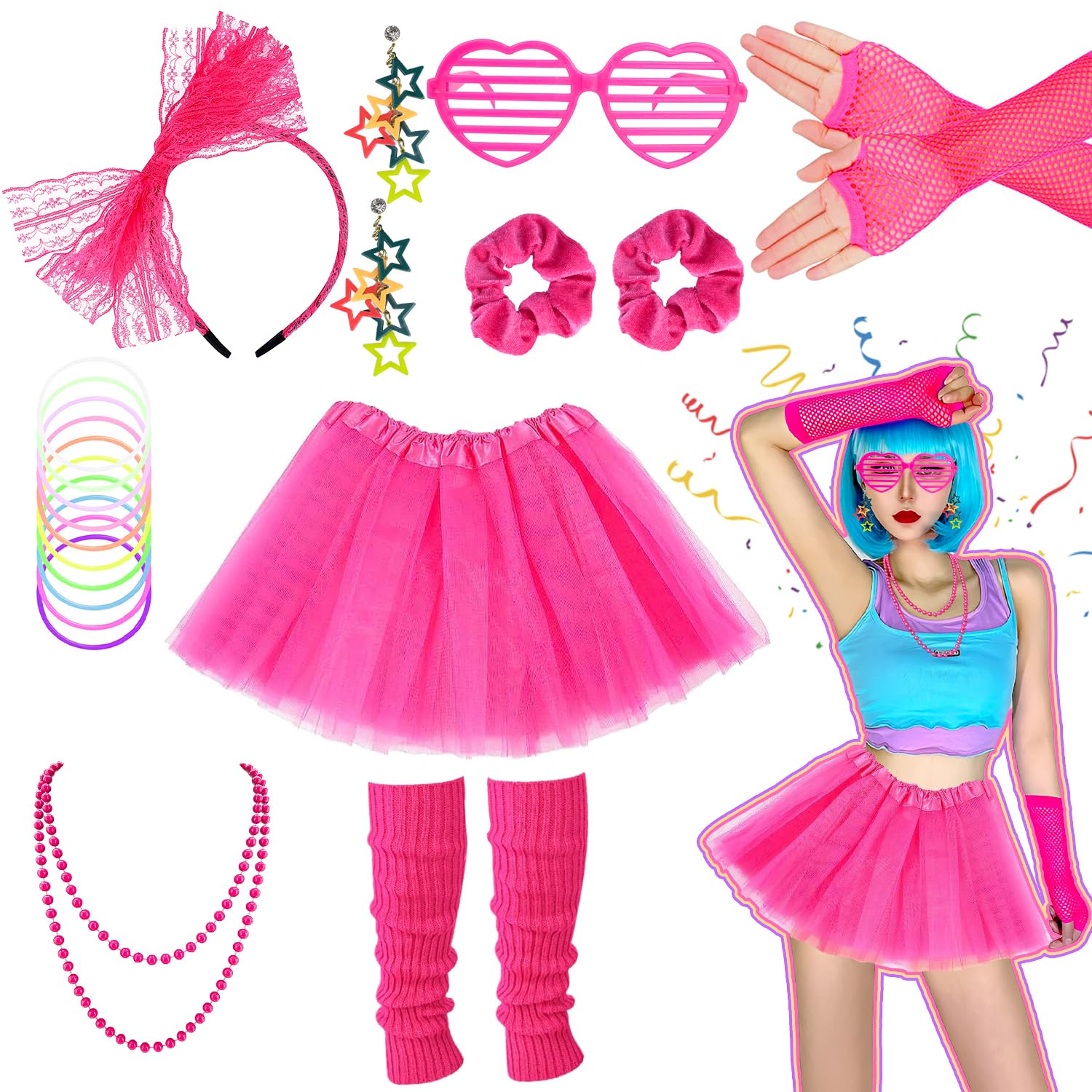 Dandin 11PC 80s Fancy Dress for Women,1980s Party Rainbow Costume Accessories Set,Tutu Skirt Leg Warmers Earrings Fishnet Gloves Lace Headband Glasses Necklace, 80s Outfit for Party Cosplay Dress Up