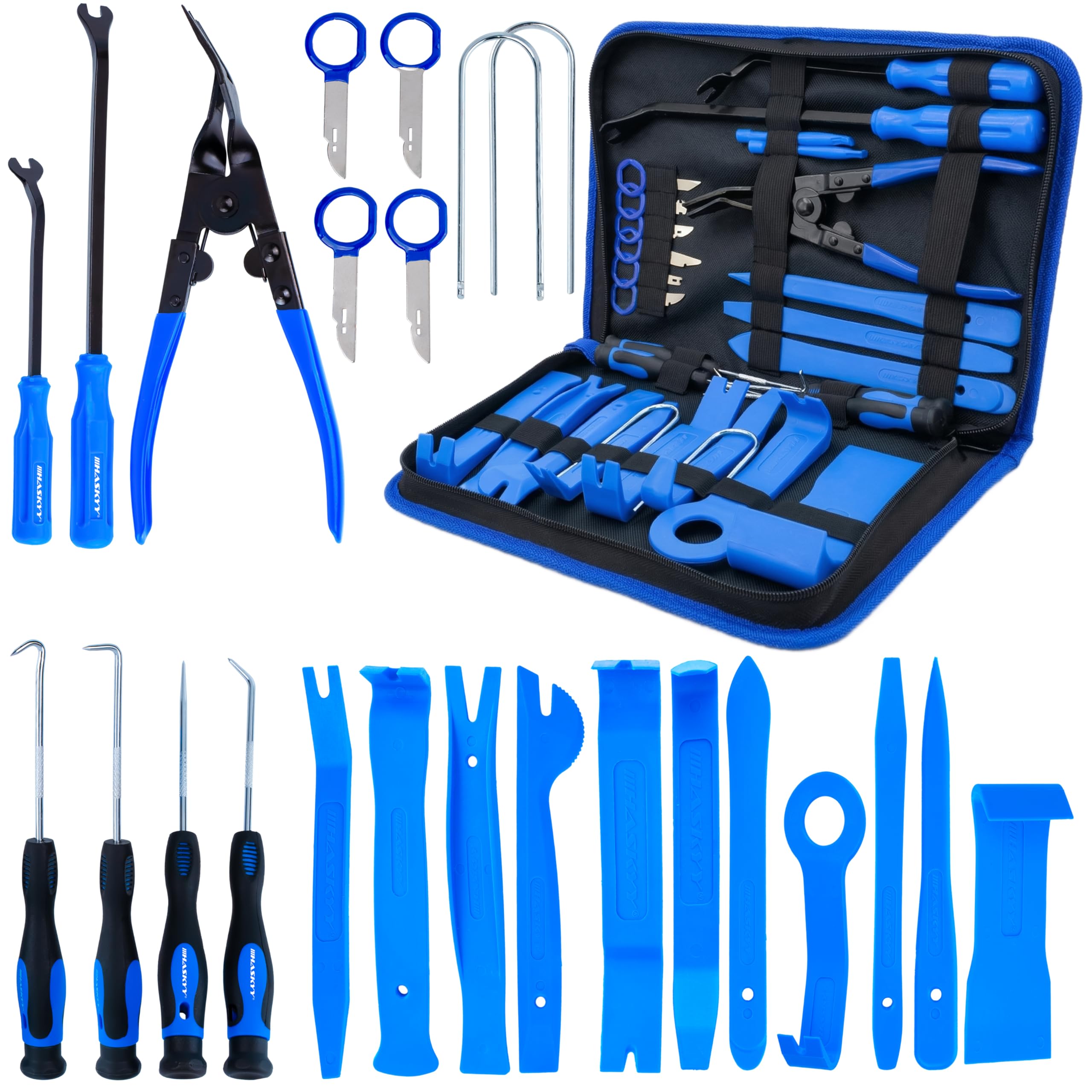 HASKYY Kit Outils Démontage Auto 24 pcs, Levier Garniture & Extracteur Clips, Outils Autoradio, Dépose Panneaux Porte & Intérieur Voiture avec Pochette
