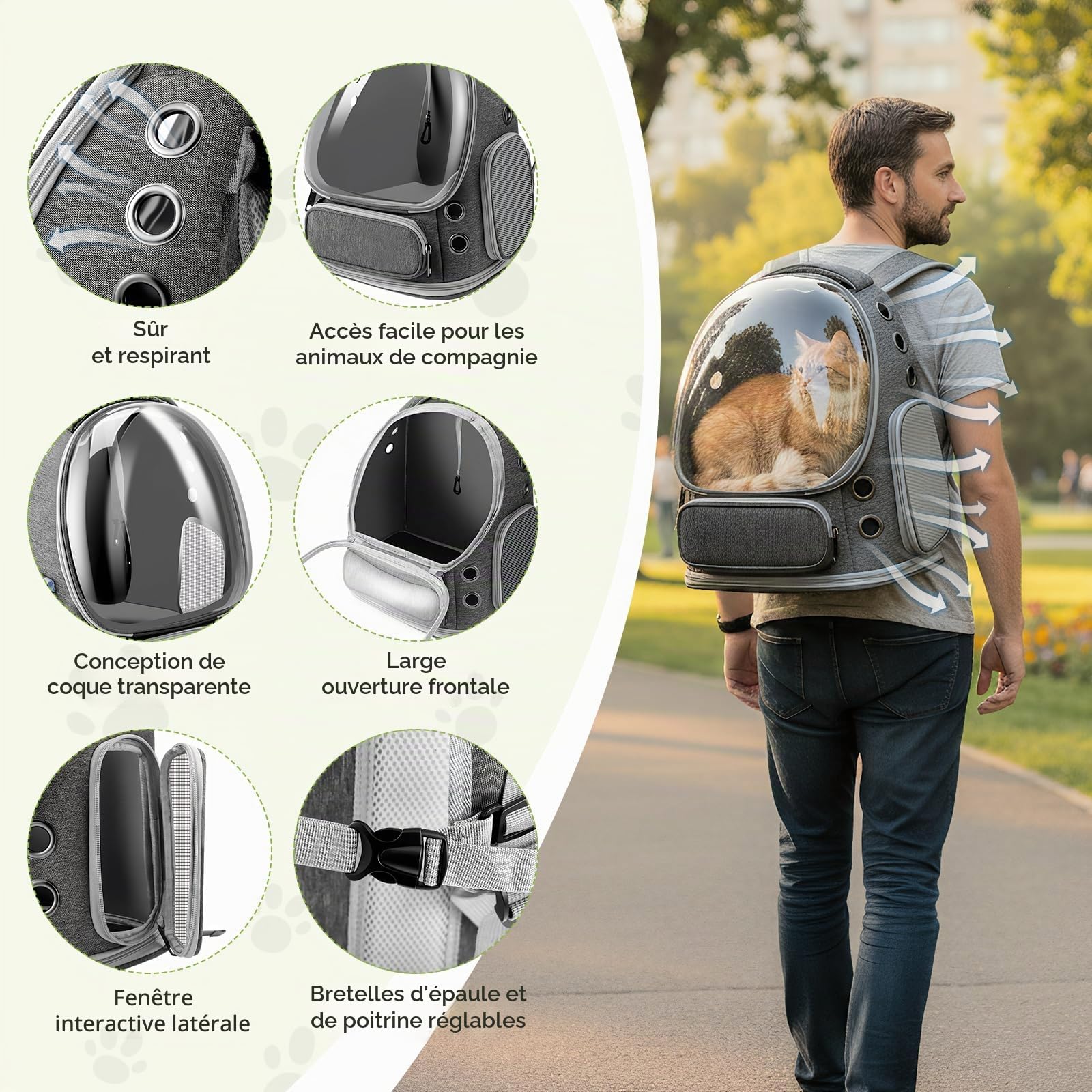 Sac à Dos pour Chat Bulle Transparent, Sac de Transport pour Animal - Sac Portable et Pliable pour Chien/Chat jusqu'à 5kg, Respirant et Léger pour Vétérinaire, Voyage (Gris, 42x34x27cm)