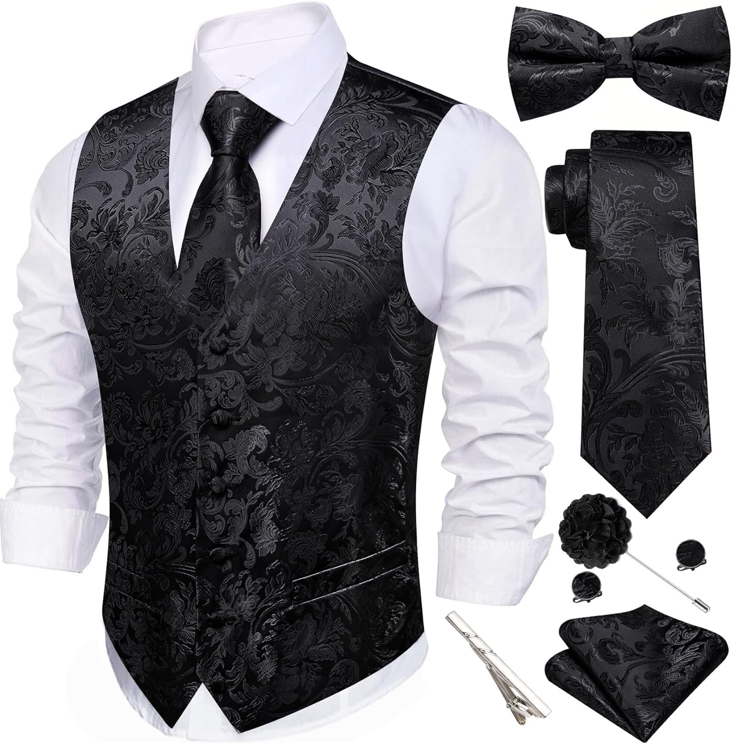 Barry.Wang Men's Suit Vest Tie Bowtie Set Formal Silk Paisley Waistcoat Hanky Cufflinks Lapel Pin Set Wedding Party 7PCS