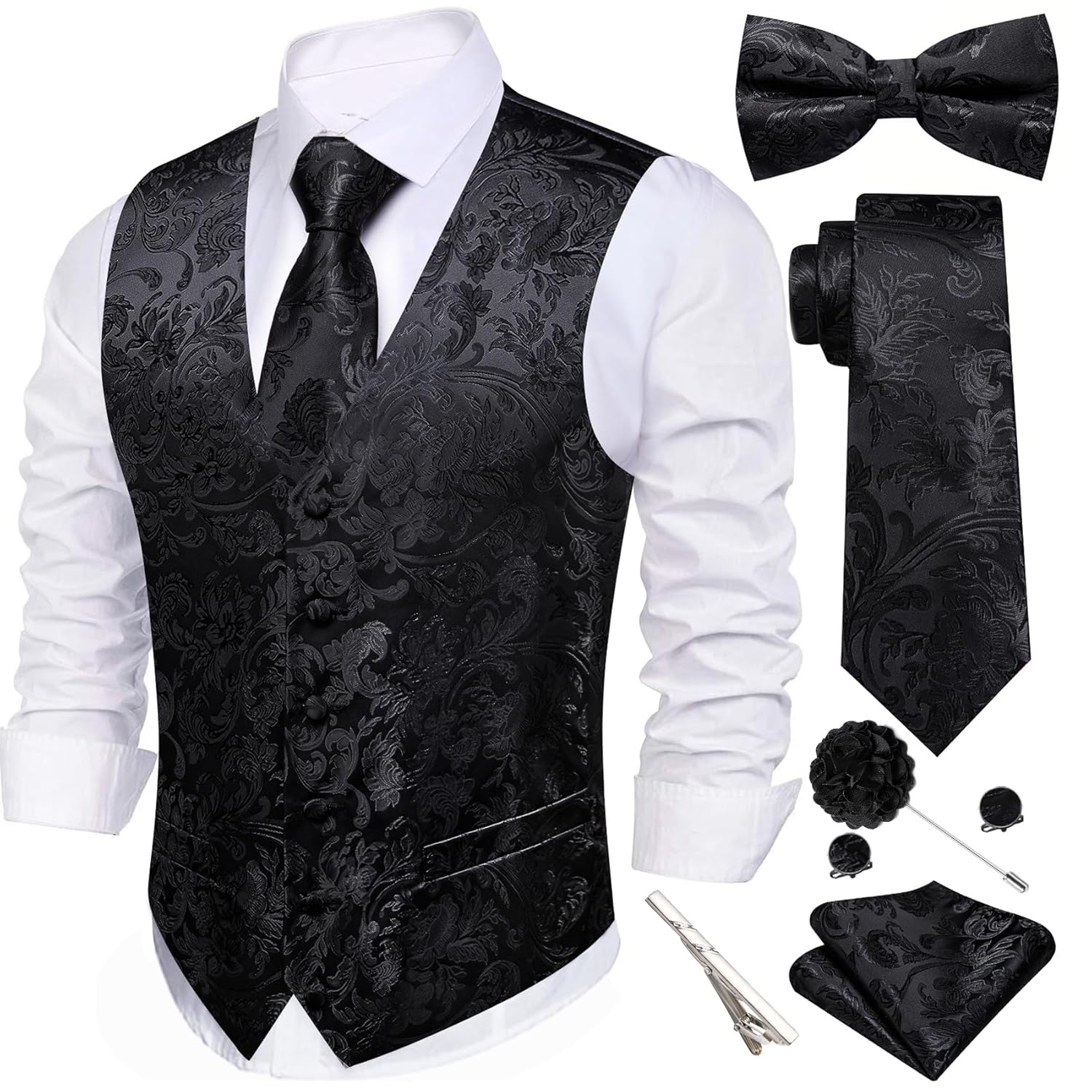 Barry Wang Mens Suit Vest Tie Bowtie Set Formal Silk Paisley Waistcoat Hanky Cufflinks Lapel Pin Set Wedding