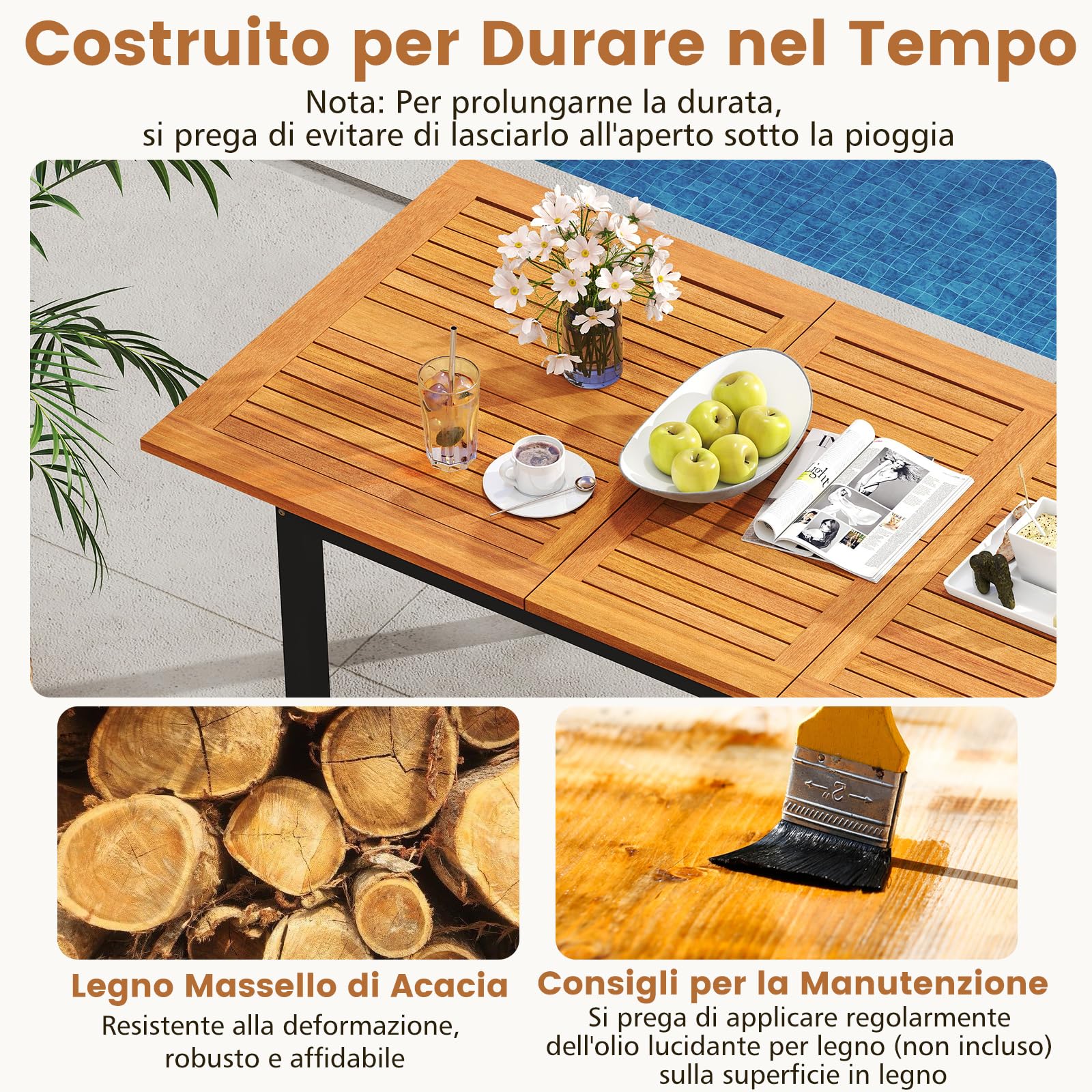COSTWAY Tavolo Allungabile e 6 Sedie da Esterno, Pranzo da Giardino in Legno Massello, Tavolo con Foro per Ombrellone e Poltrone con Cuscini, Schienale e Braccioli, per Balcone e Cortile