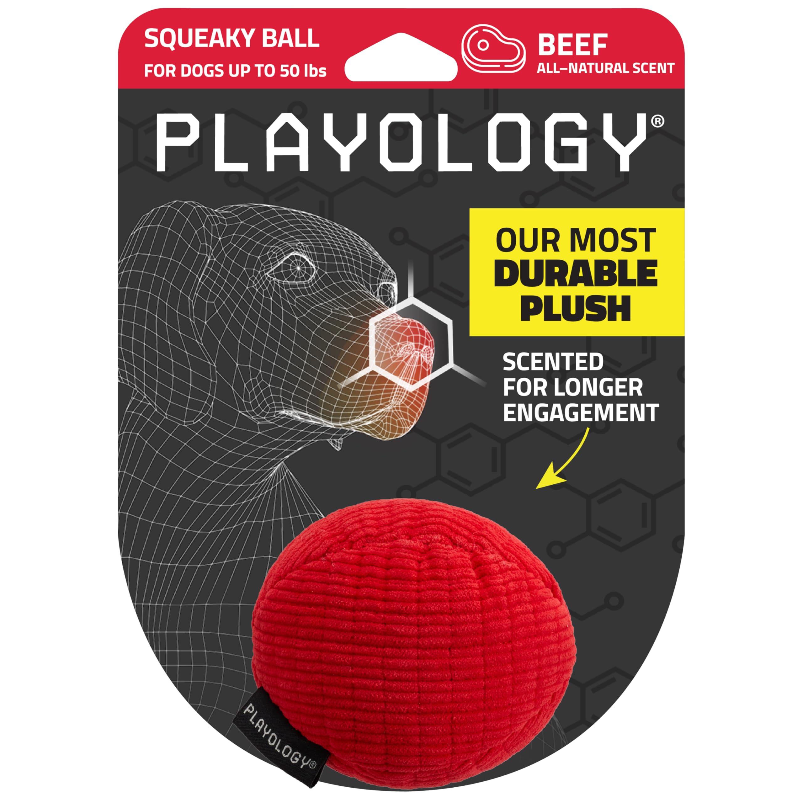 Playology Dog Toys | Squeaky Plush Toy Ball for Dogs | Medium Beef Scented Toy - Easy to Clean and Made from Non Toxic Materials