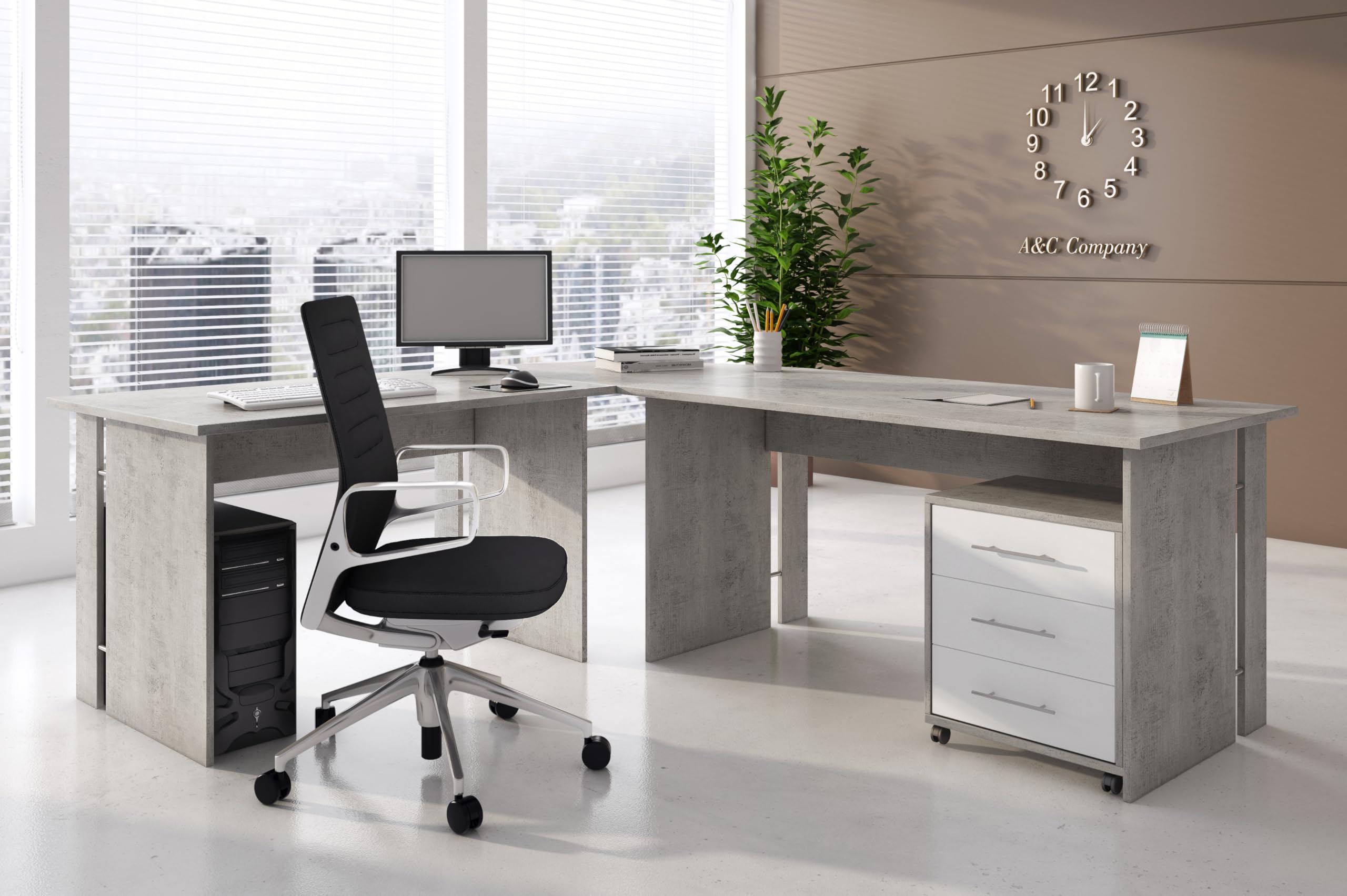 Bricozone Set Ufficio Moderno Completo In Cemento E Bianco Frassinato Con Scrivania Angolare Cassettiera Libreria E Armadi In Melaminico Antigraffio Arredo Professionale Per Home Office E Studi