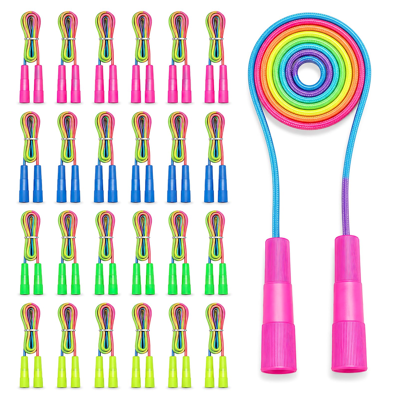 24 Pack Rainbow Jump Ropes for Kids, 2.2m Adjustable Nylon Skipping Ropes with Non-Slip Plastic Handles, 7.2ft Durable Colourful Fitness Equipment for School Playground Outdoor Exercise Games
