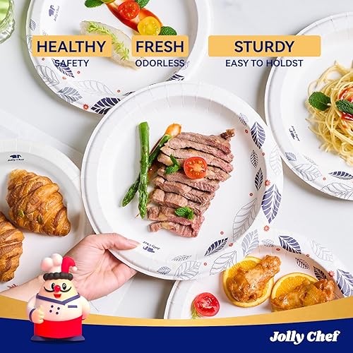 Miniatura 10 de JOLLY CHEF 280 platos de papel de 8 pulgadas, a prueba de remojo, a prueba de cortes, platos de papel desechables impresos de hojas resistentes para