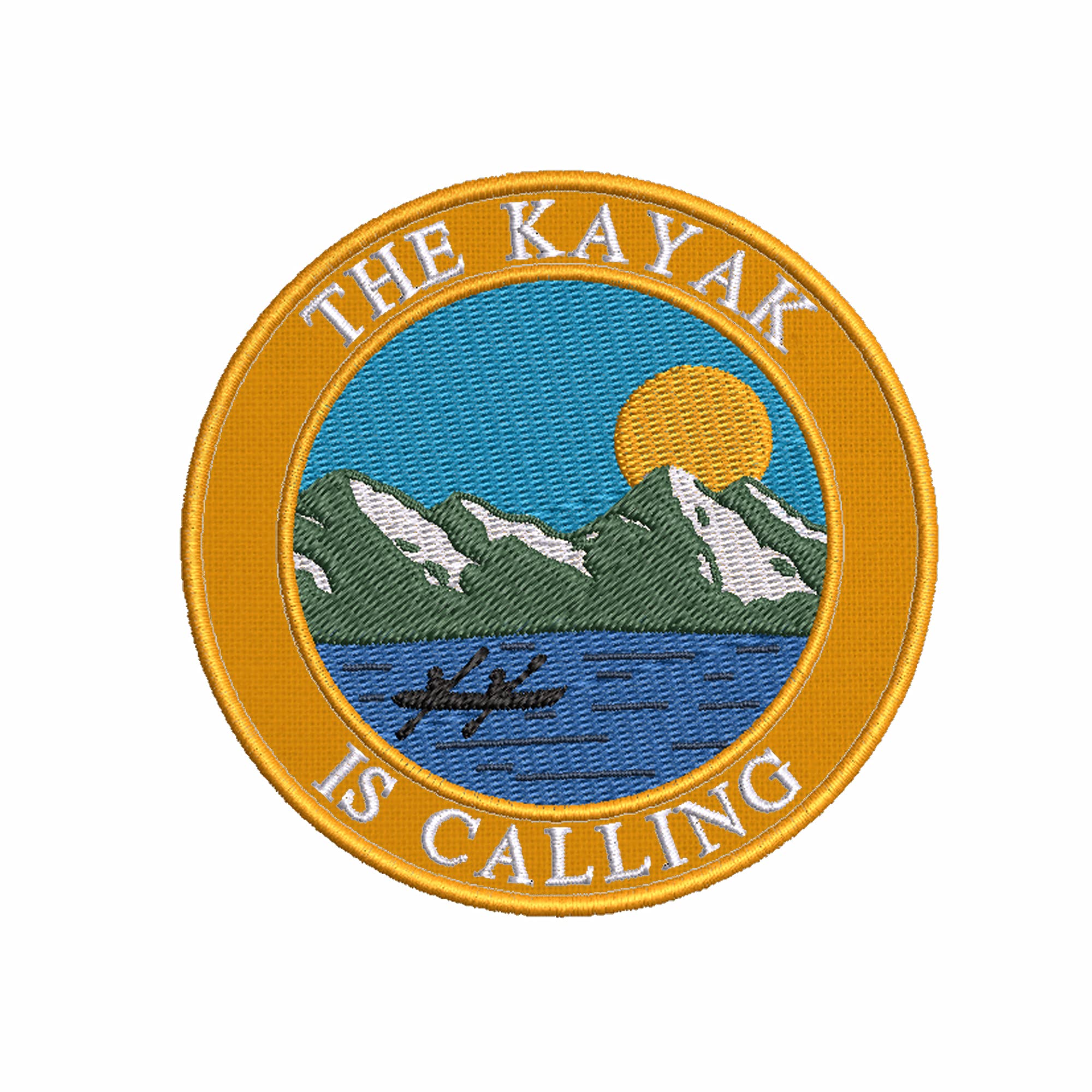 Appalachian SpiritThe Kayak is Calling Mountain Lake Sun Rafting Embroidered Premium Detail Patch Badge Souvenir Gift Clothes Vest Jacket Jeans Hat Backpack Applique multicolored