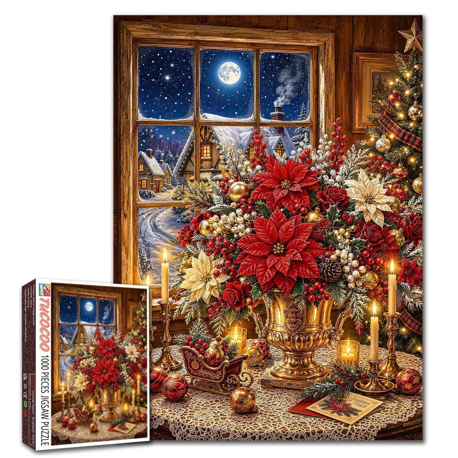 Christmas Floral Window Jigsaw Puzzles for Adults 1000 Pieces Christmas Poinsettia Winter Cottage DIY Puzzles for Family Activity Games Holiday Flower Art Home Decor 19.7 x 27.6 Inch โ image 1