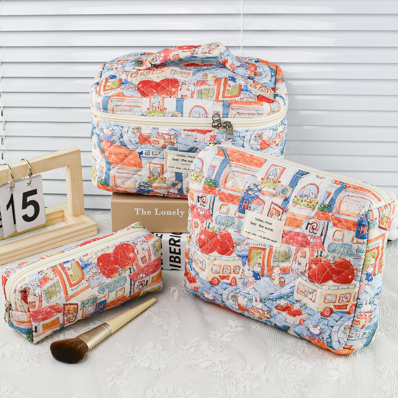 AMZMA 3-Piece Quilted Cotton Makeup Bag Set
