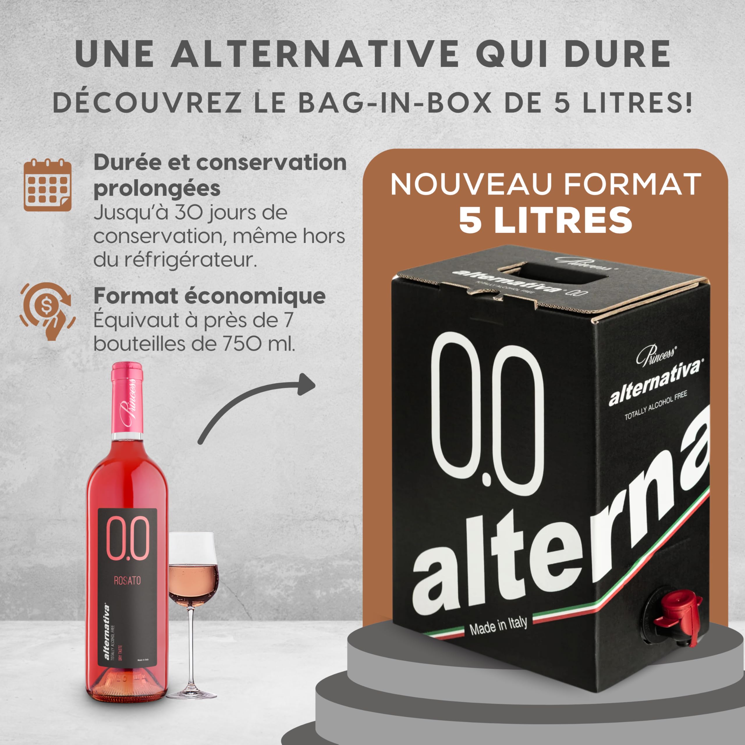 ALTERNATIVA Bag in Box Rosé Sec Sans Alcool 0,0% – 5 Litres | Boisson Désalcoolisé Premium Italien – Idéal pour Célébrations, Cadeaux, Occasions Spéciales – Alcool Free