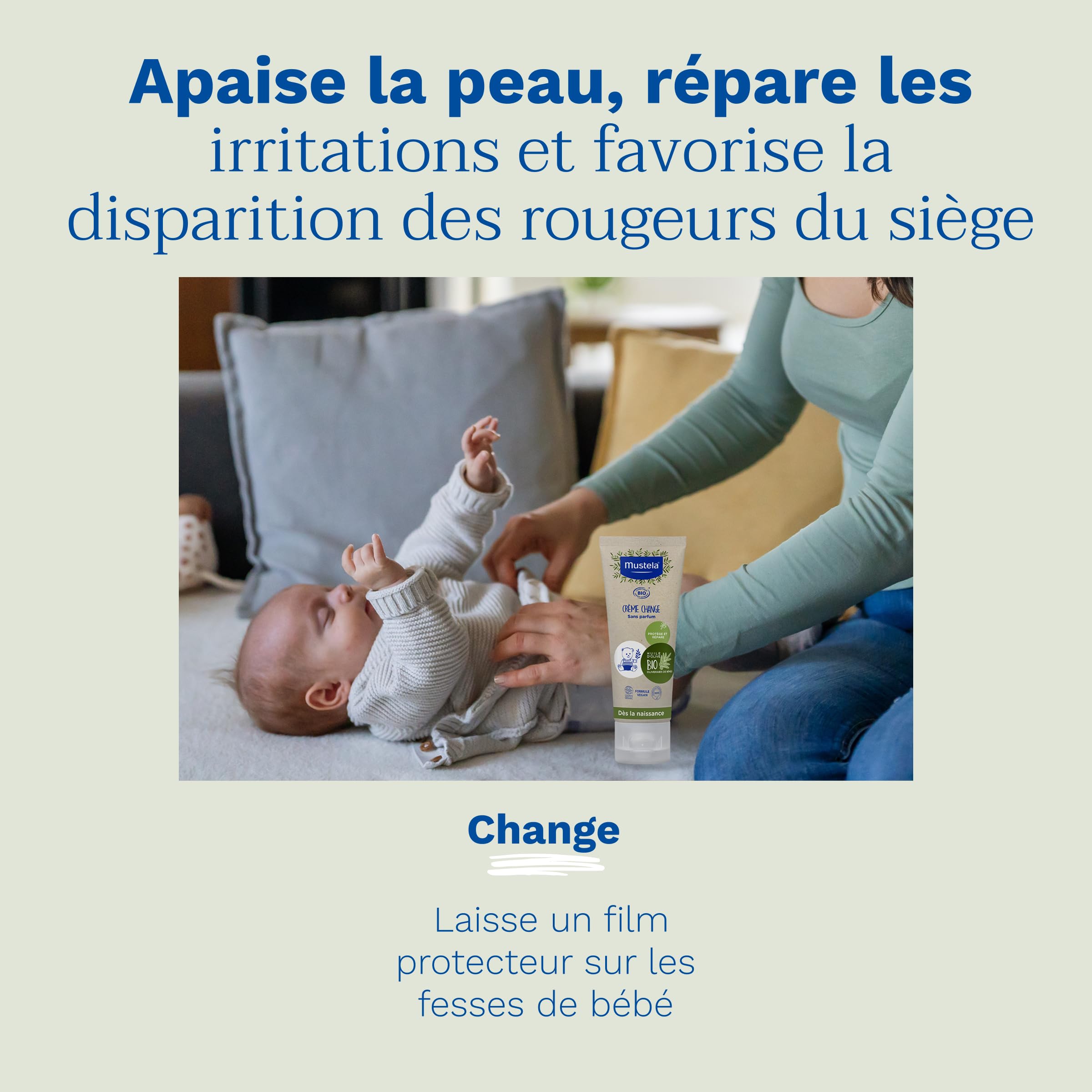Mustela - Crème Change Bébé à l'Huile d'Olive Bio - Soin Protecteur et Apaisant Bio - Huile d'Olive, Aloe Vera et Oxyde de Zinc - Crème Change pour l'Hygiène Bébé Sans Parfum - Dès la Naissance