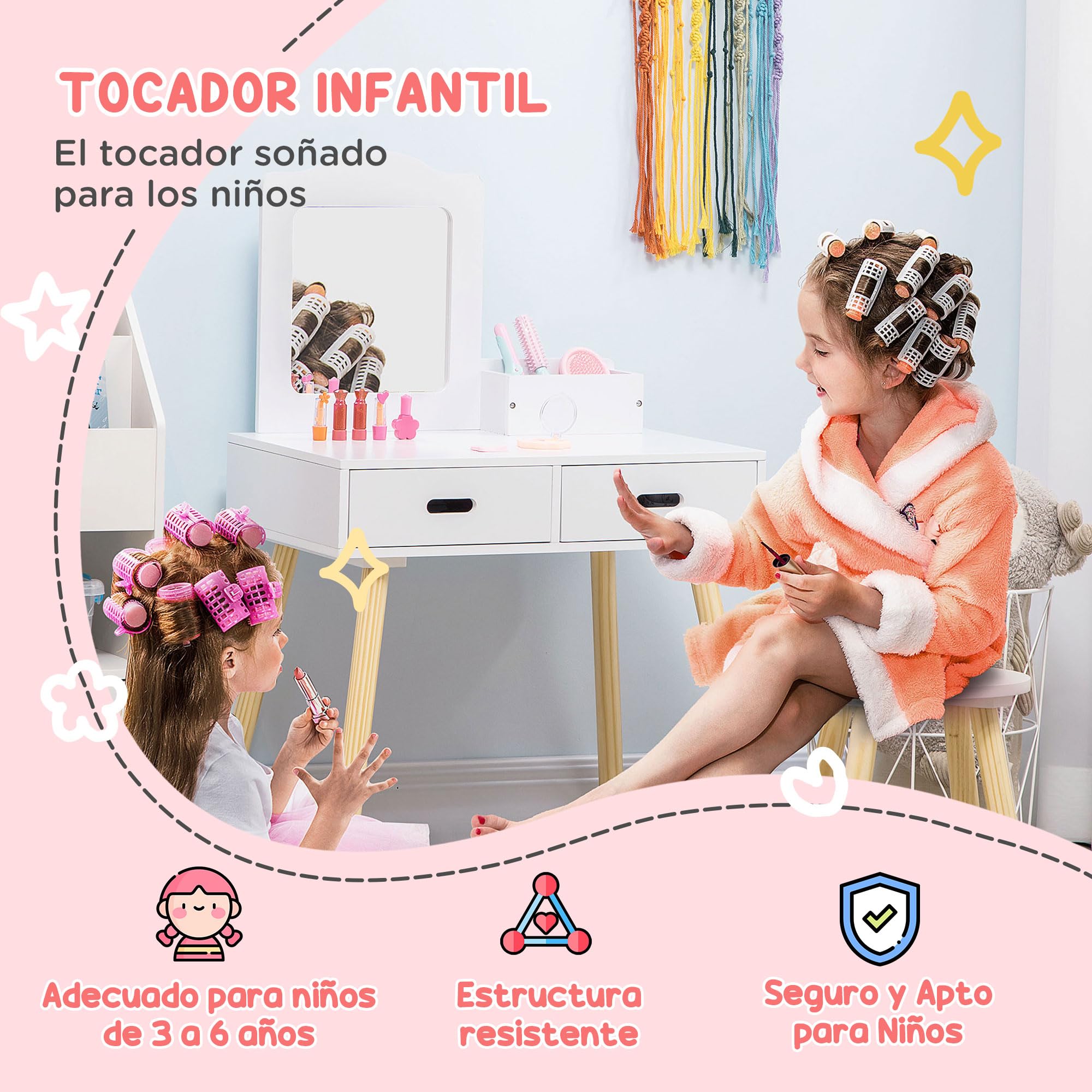 ZONEKIZ Tocador para Niñas Tocador de Madera Infantil con Taburete y Espejo Centro de Belleza con 2 Cajones Juguete Educativo para Niñas de 3-6 Años 60x40x95 cm Blanco
