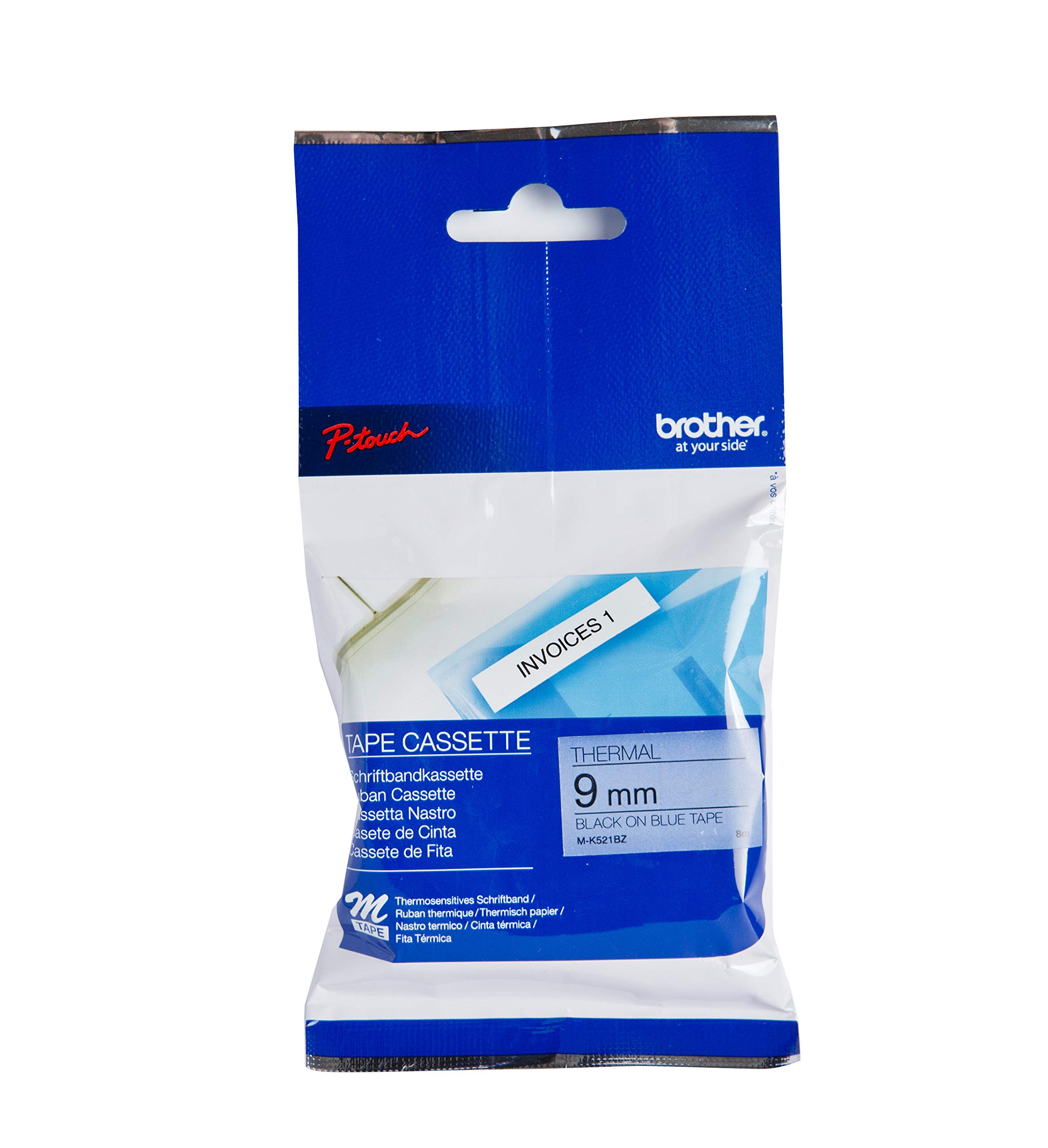 Brother M-K521BZ Labelling Tape Cassette, Black on Blue, 9 mm (W) x 8 m (L), Brother Genuine Supplies