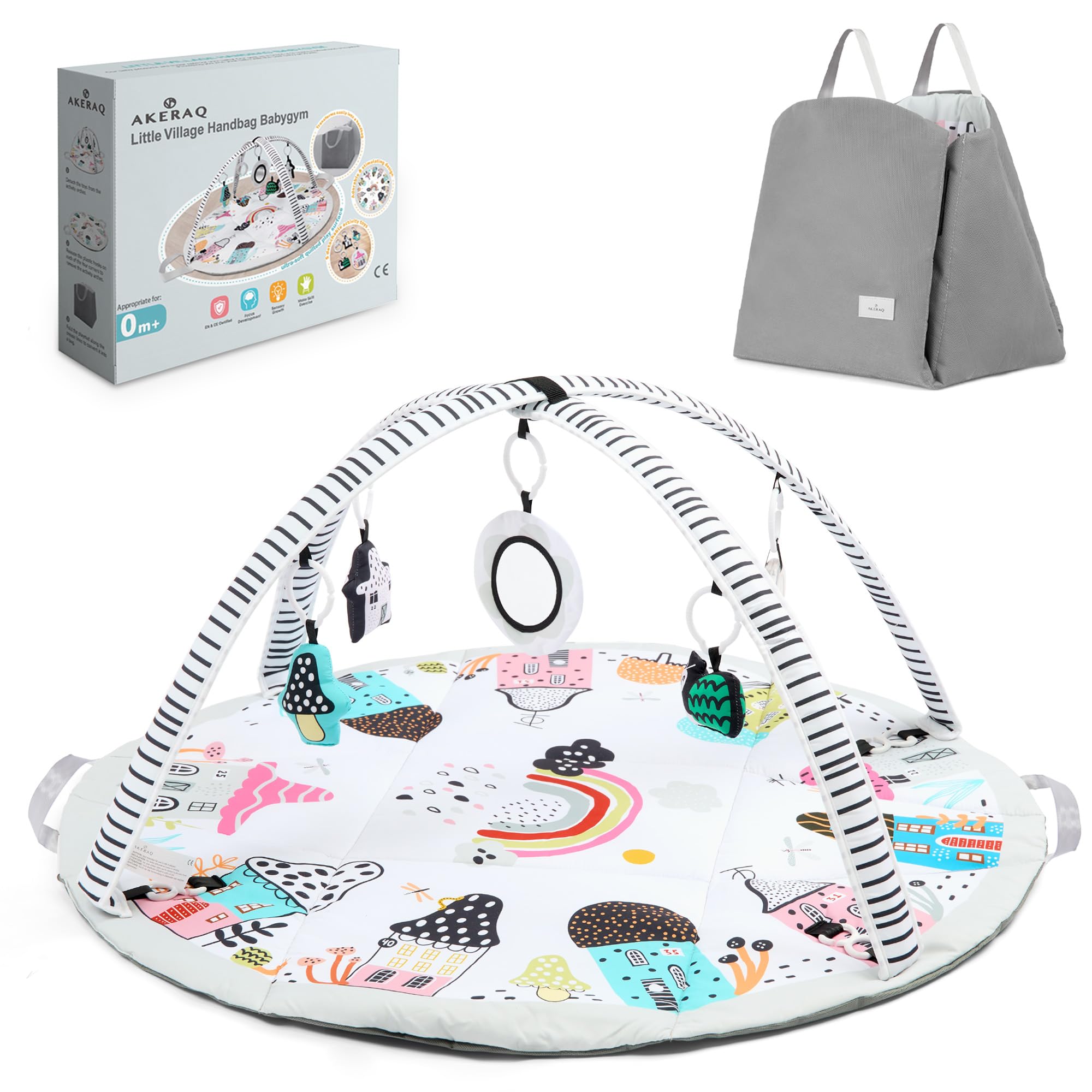 Akeraq Gimnasio Bebe 0-6 meses 2-en-1, Manta Actividades Bebe Ø96cm, Gimnasio Infantil Bebe, Tapete de Actividades Bebe, Alfombra de Juegos Bebe Montessori, interactivo y Portátil,