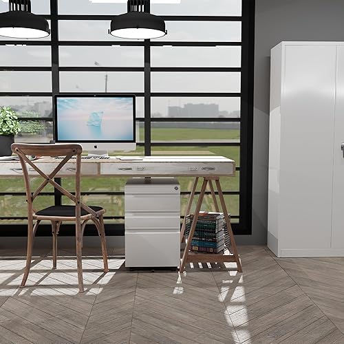 Miniatura 2 de Archivador de 3 cajones con ruedas, archivadores móviles rodantes debajo del escritorio para oficina en casa, las ruedas necesitan montarse (blanco)