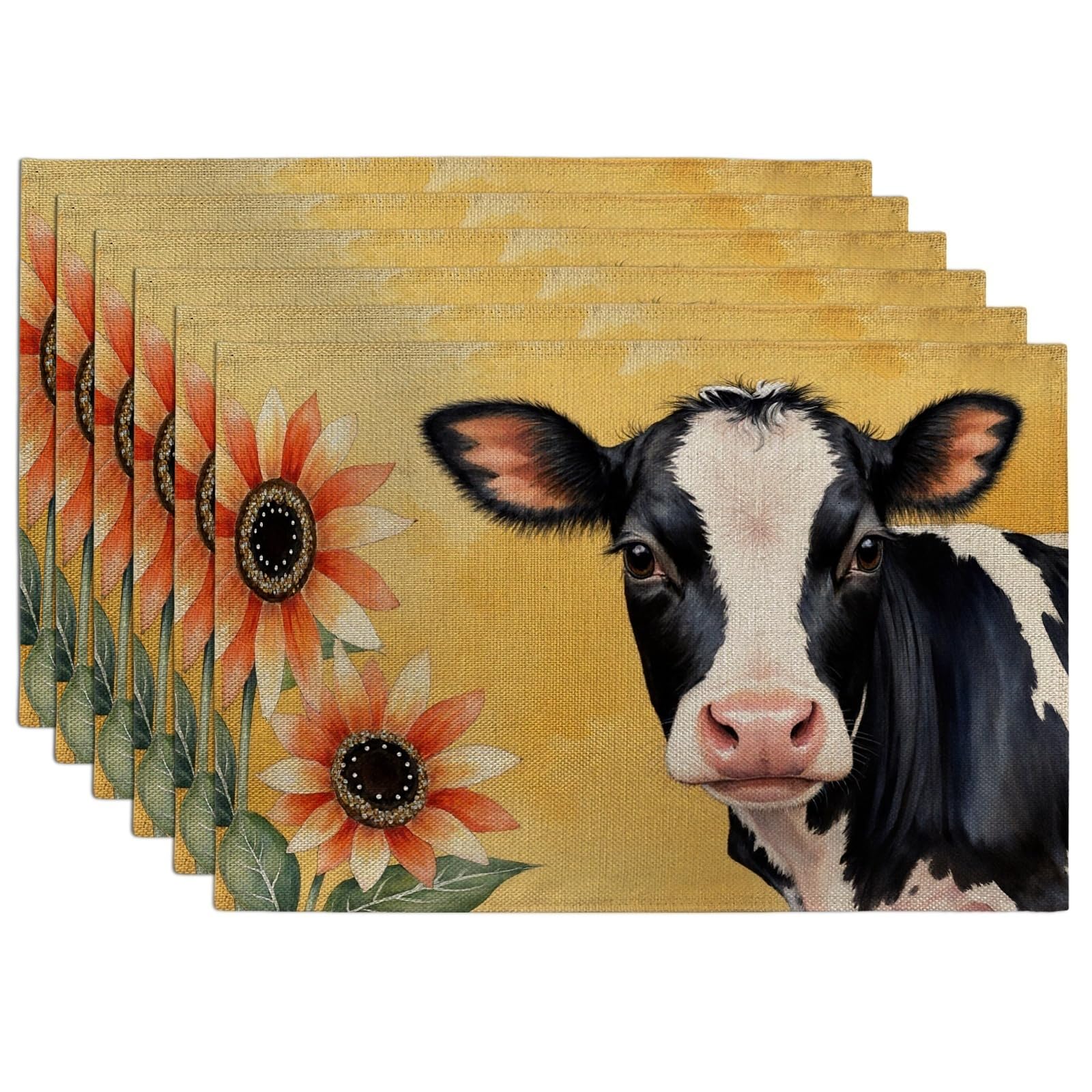 Cow and Sunflower Placemats, Rustic Farmhouse Decorative Place Mats for Dining Table, Summer Kitchen Indoor Outdoor Party Non-Slip Washable Set of 6