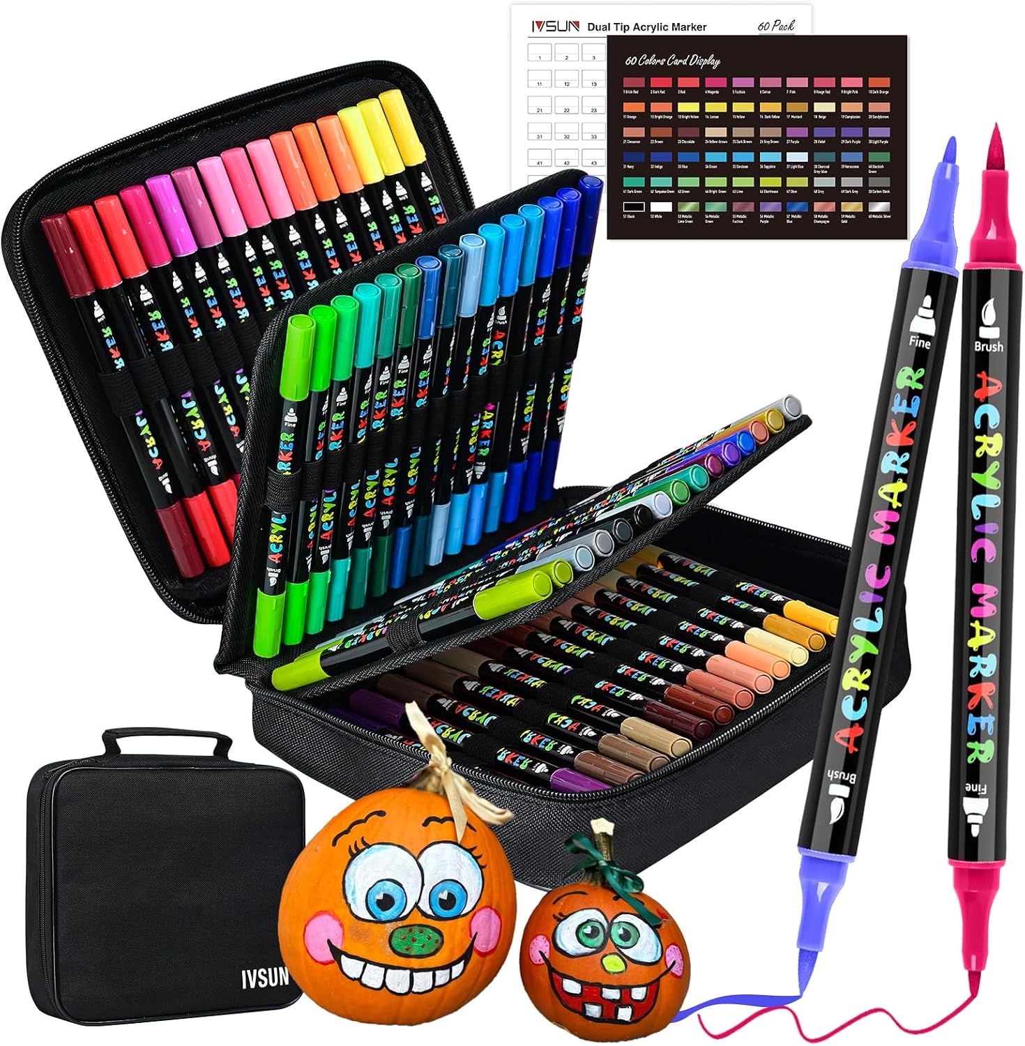 IVSUN Acrylic Paint Pens, 60 Colors Water-Based Dual Tip Paint Markers