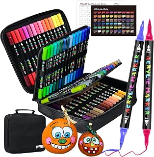 IVSUN Acrylic Paint Pens, 60 Colors Dual Tip Paint Markers with Fine Tip and Brush Tip for Stone, Wood, Canvas, Calligraphy, Ceramic, Metal, Glass, Rock Painting, DIY Crafts Art Supplies Kit