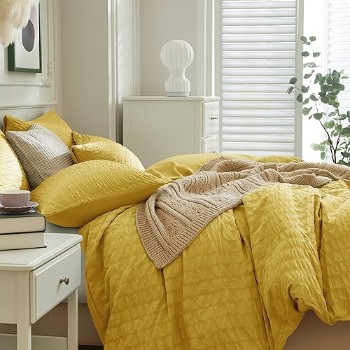 Miniatura 7 de JELLYMONI Juego de funda de edredón amarilla tamaño King, juego de cama de microfibra lavada de 3 piezas, juego de funda de edredón de sirsaca suave