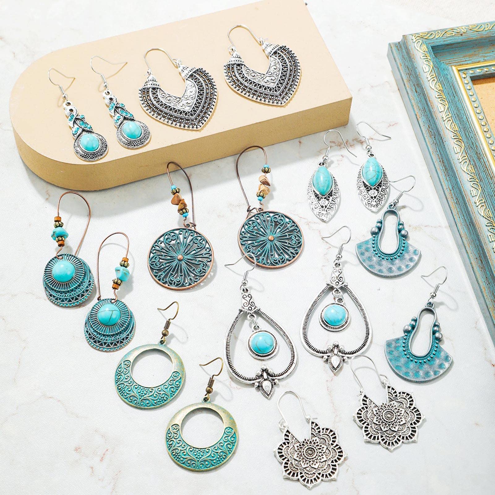 9 Paia di Orecchini stile Turchese Boemo Nazionale,Kucheed Orecchini Pendenti Boho Vintage Dichiarazione Set,Orecchini Pendenti con Perline Pendenti Goccia D'acqua per Donna Regalo Moda Donna