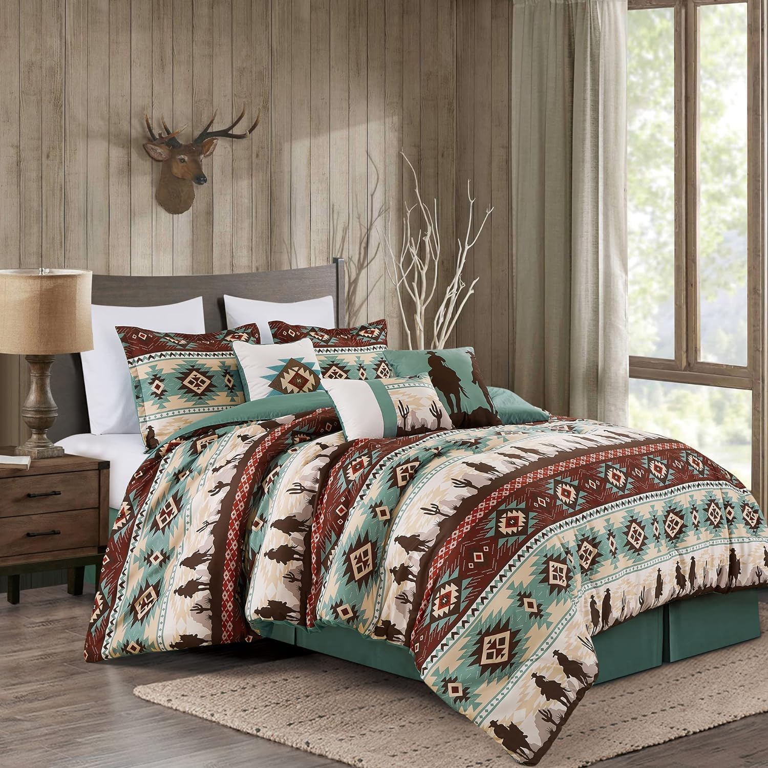 Chezmoi CollectionDune 7-Piece Southwestern Cowboys Aztec Comforter Set - Multicolor Teal Brown Beige Tan Red Printed Washed Microfiber Bedding, Oversized KingOEKO-TEX STANDARD 100