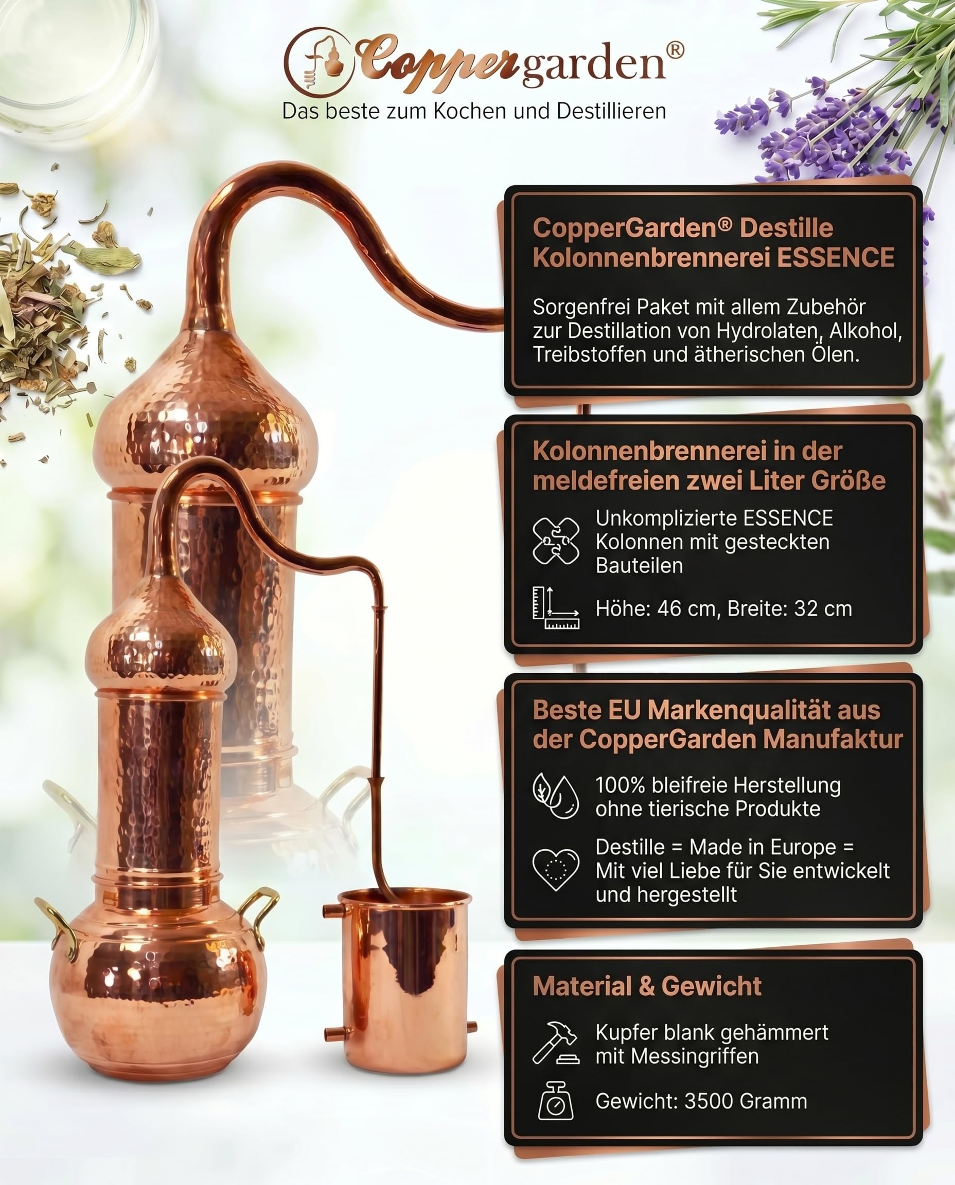 Copper Garden Kupfer Destille Essence Plus 2 Liter | Sorgenfrei Paket I Komplettes Destillen Set | Kolonnenbrennerei mit Aromakorb | Legales Destilliergerät für ätherische Öle / Hydrolate / Düfte / Wasser etc.