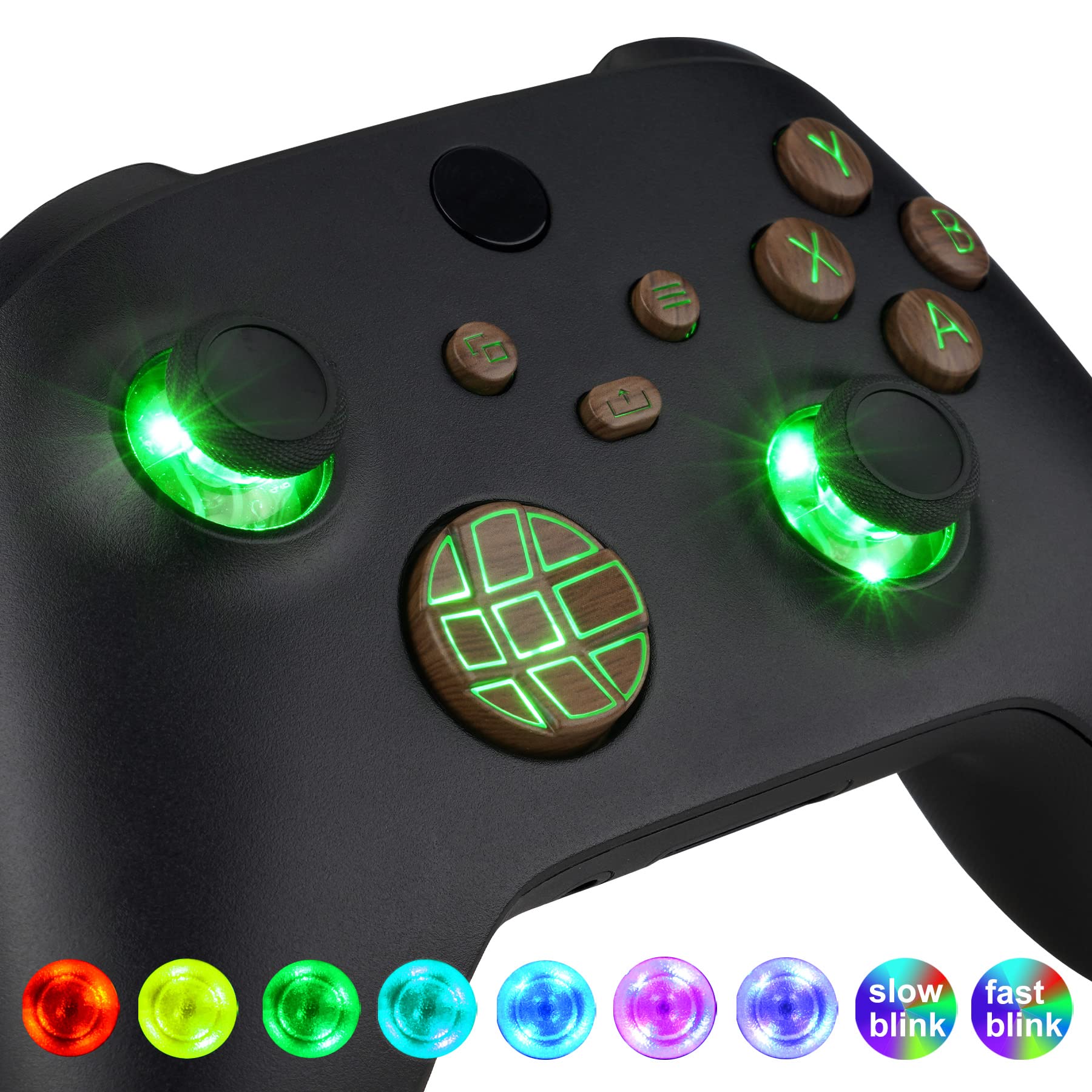 eXtremeRate LED Botones para Xbox Series X/S Control Multicolores Joysticks D-Pad ABXY Start Back Sync Botón Luminoso DTF LED Kit para Xbox Series X/S-No Incluye Control(Símbolo-Grano de Madera)