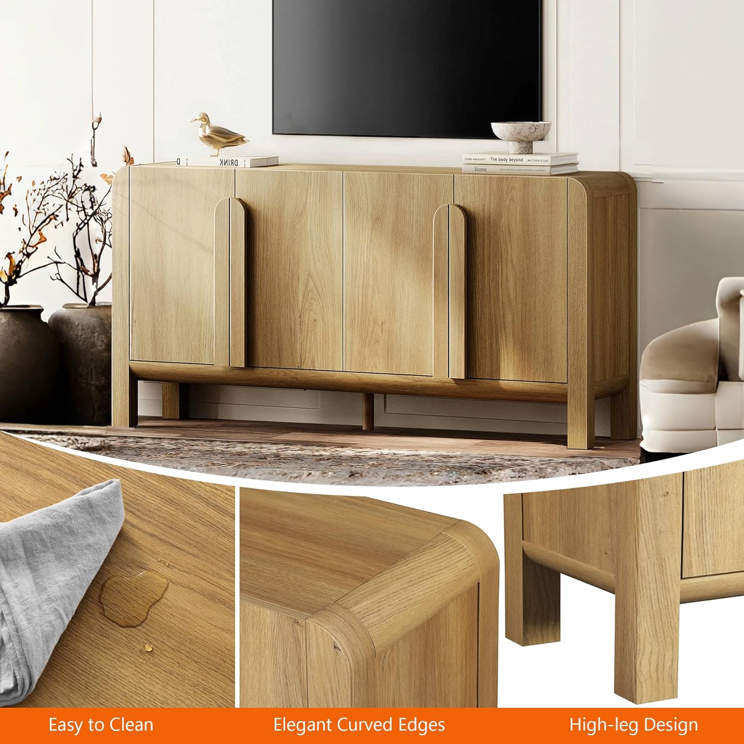 WAMPAT 63" W Large Buffet Sideboard Cabinet with Storages, Modern Buffet Table Coffee Bar Wine Bar Storage Curved Cabinet with 4 Doors for Dining Room, Living Room, Kitchen, Light Walnut - Image 6