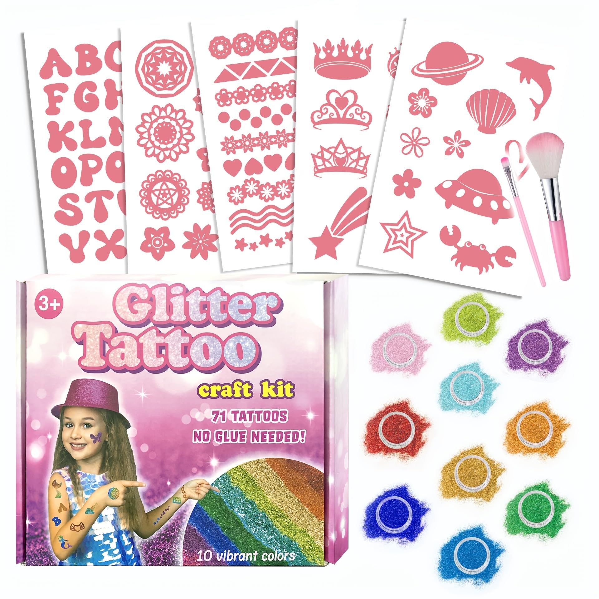 Kids Glitter Temporary Tattoo Kit – DIY Body Art Craft Set with Glitter & Stencils | Creative Party, Dress-Up & Arts and Crafts Fun for Children – Rainbow Glitter Tattoo Set