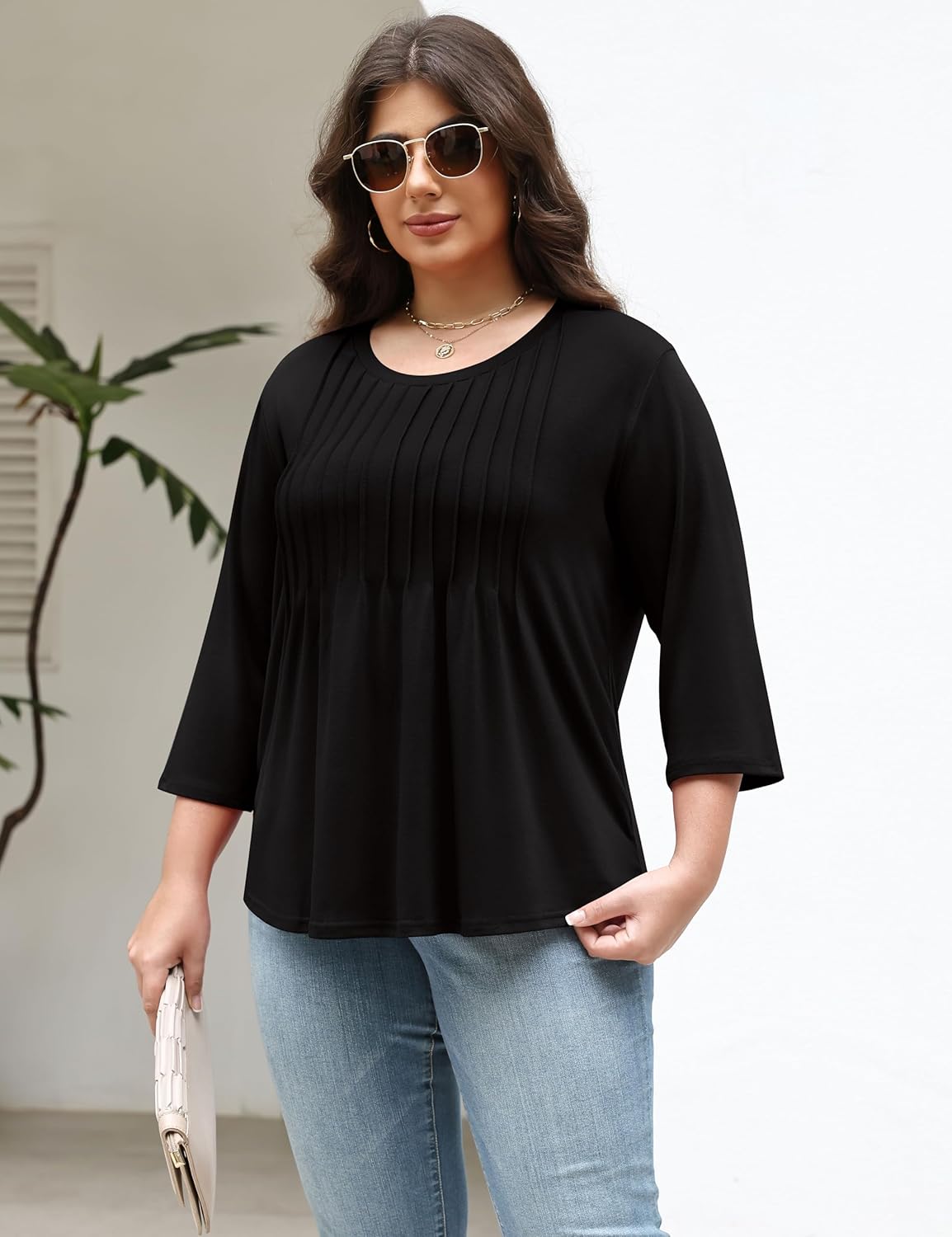 TFSDOD Womens Plus Size Tops 3/4 Length Sleeve Womens Tops Crewneck Pleated Boho Tunic Casual Shirts XL-5X - Image 3