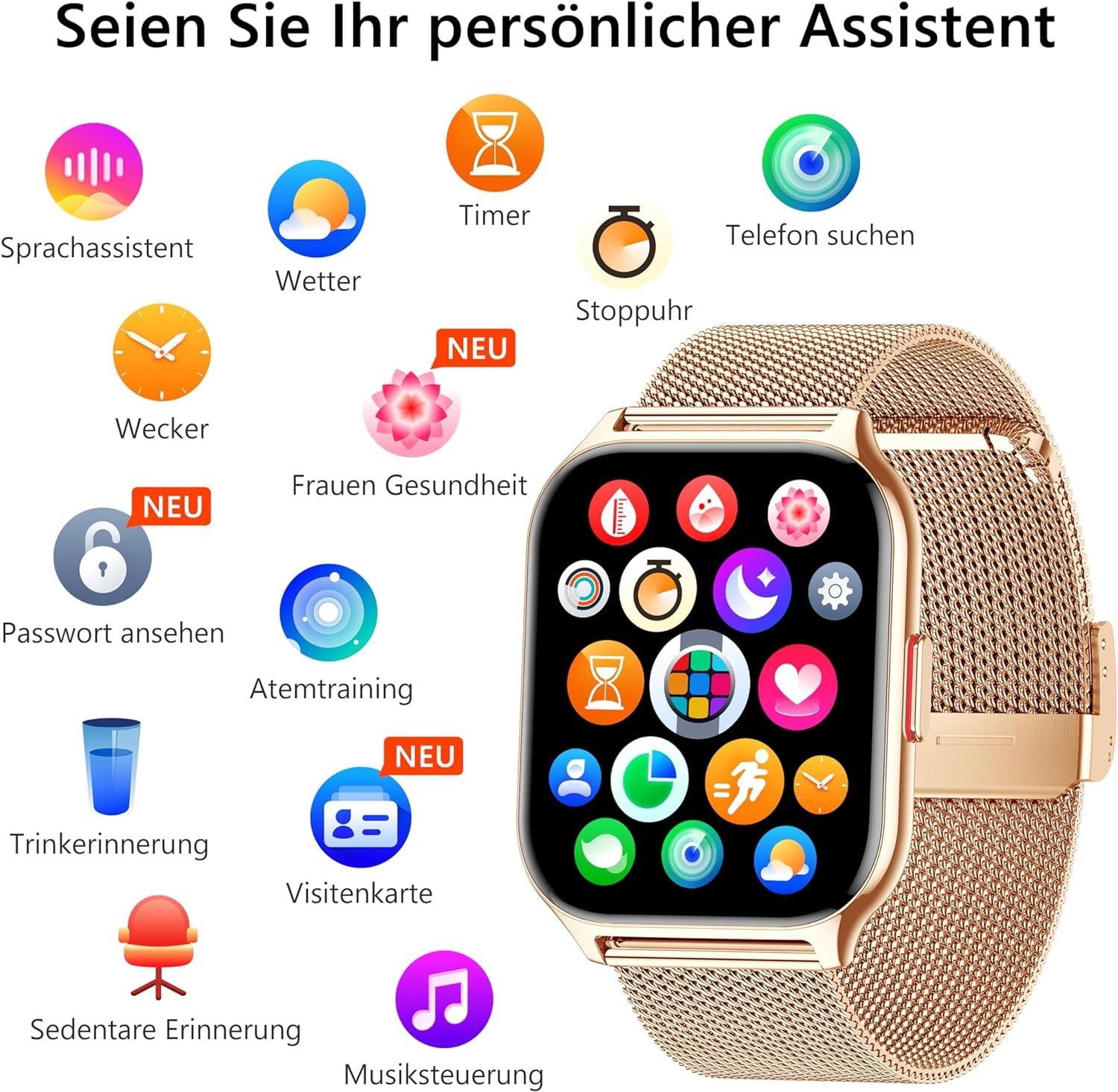 Smartwatch Damen Herren Fitnesstracker 2 Zoll Touch-Farbdisplay Telefonfunktion Blutdruckmessung Herzfrequenz Schlafmonitor SpO2 Sportuhr Schrittzähler Android iOS