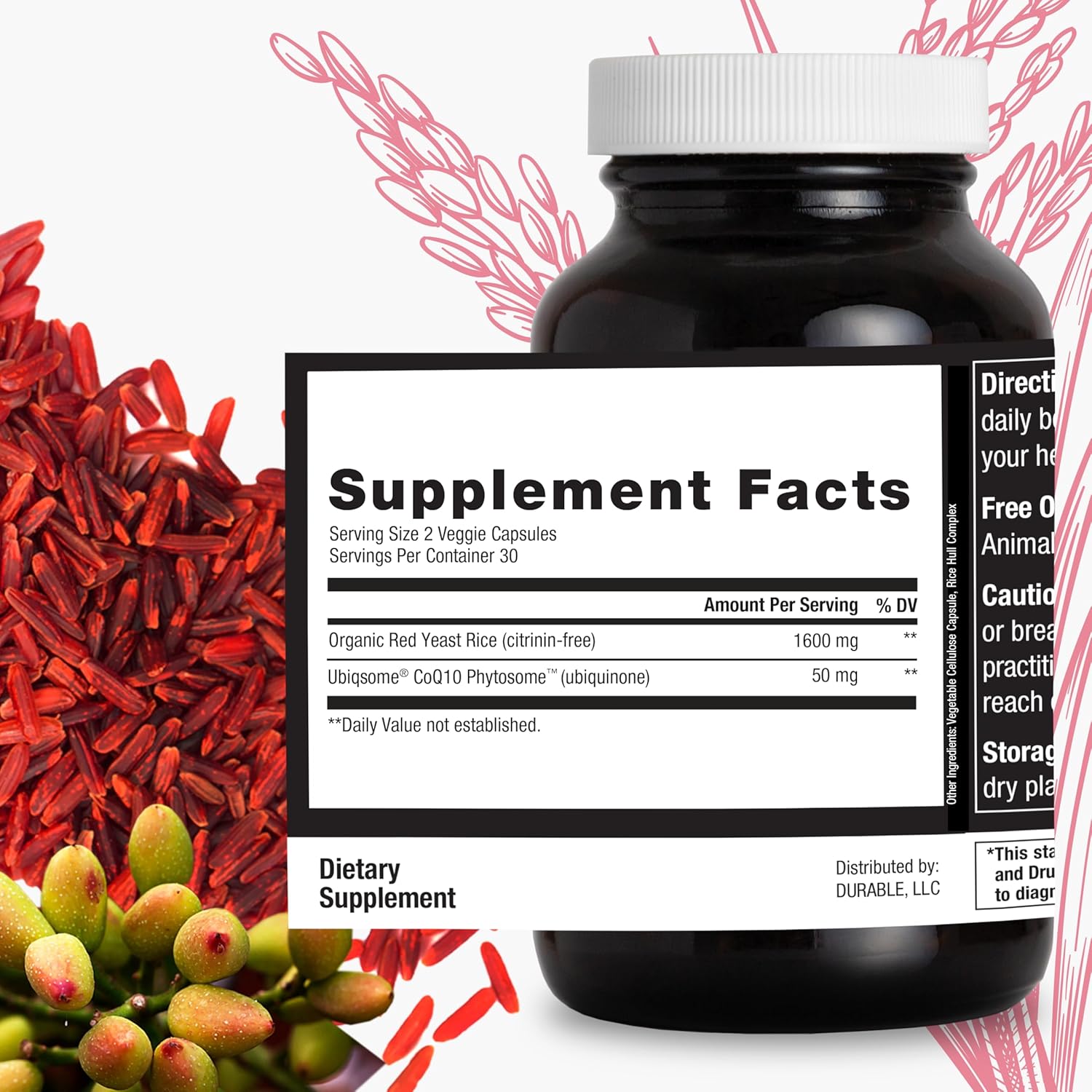 Durable RED Yeast Rice – Organic 1,600 mg Extra Strength + CoQ10 Phytosome – Supports Healthy Cholesterol, Heart, Lipids & Circulation – Doctor Formulated, Non-GMO, Vegan, Made in USA (60 Capsules). - Image 5